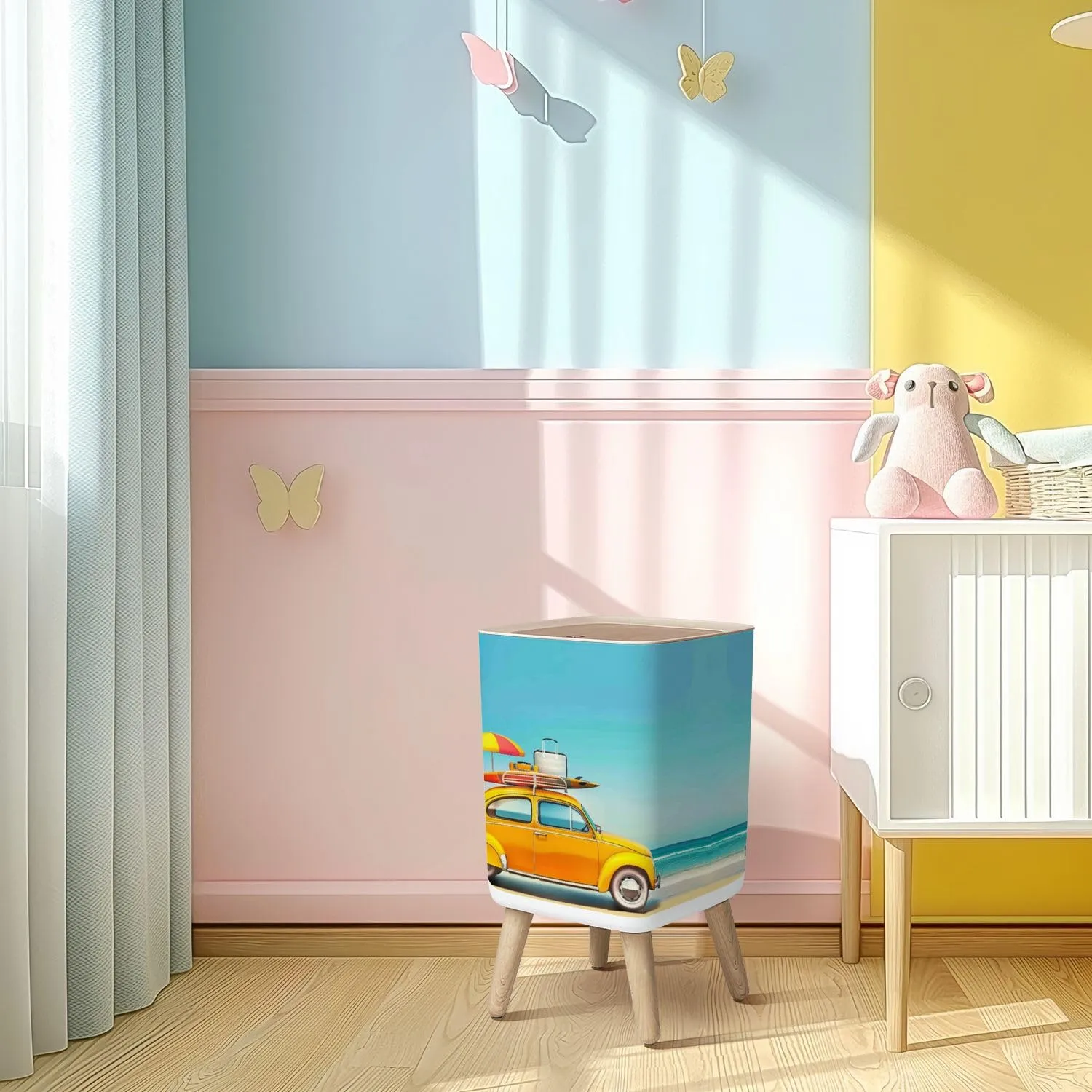 Small Trash Can with Lid Small retro car baggage luggage beach equipment roof fully packed Wastebasket with Press Cover Dog Proof Garbage Can Waste Bin for Kitchen Bathroom Nursery 2.6 Gallon