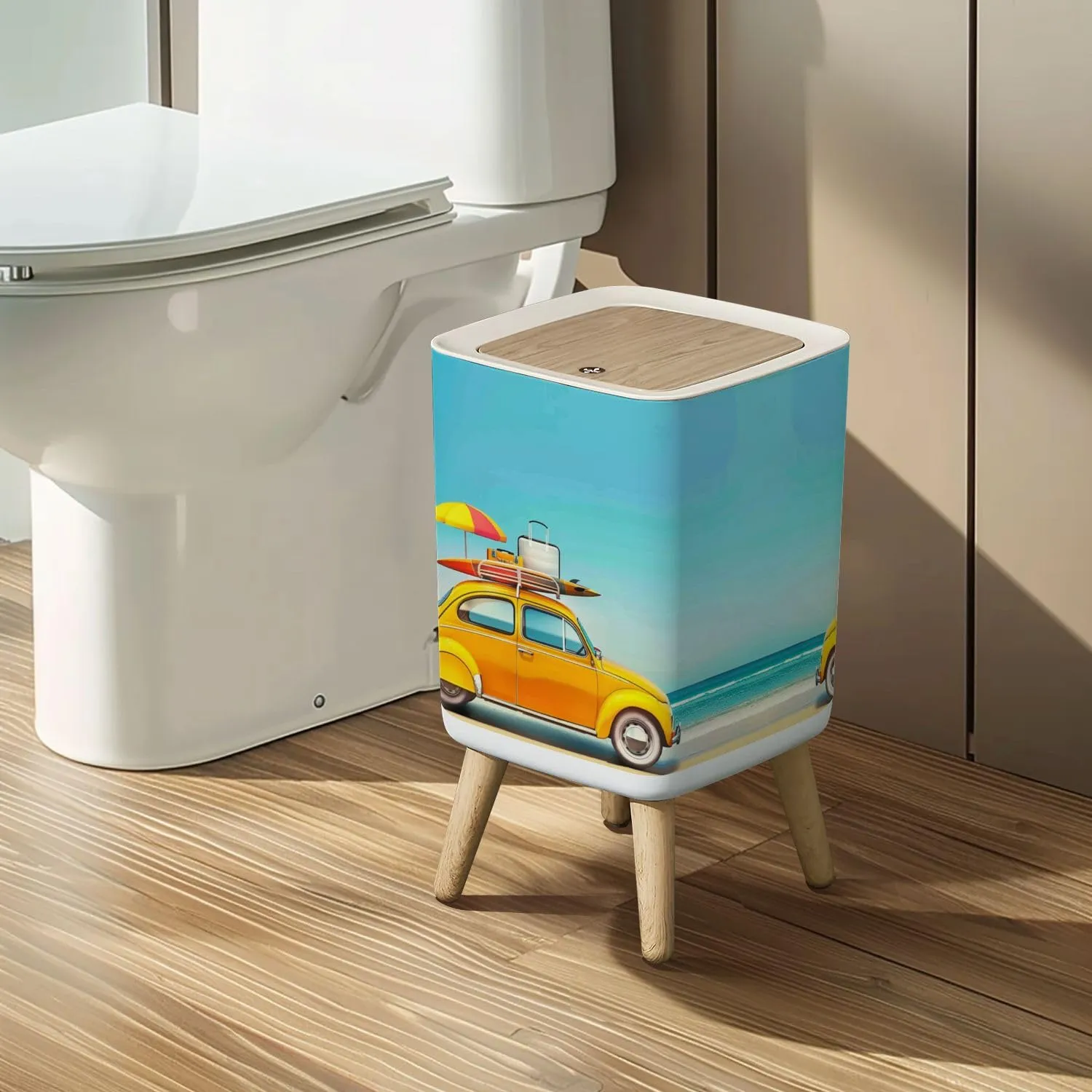 Small Trash Can with Lid Small retro car baggage luggage beach equipment roof fully packed Wastebasket with Press Cover Dog Proof Garbage Can Waste Bin for Kitchen Bathroom Nursery 2.6 Gallon