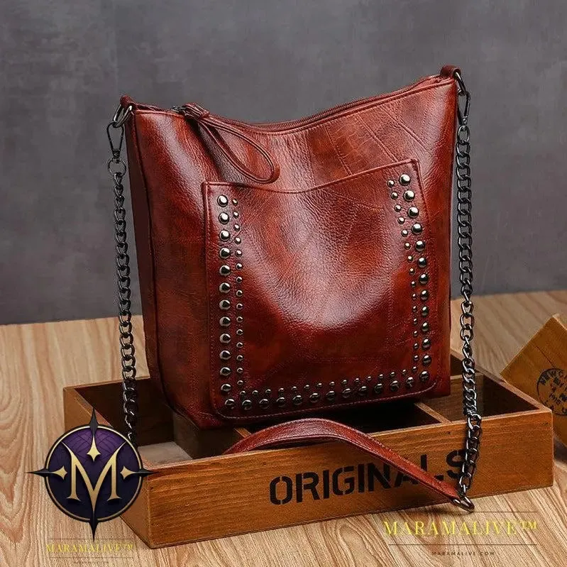 Soft Leather Studded Large Capacity Shoulder Crossbody Bag
