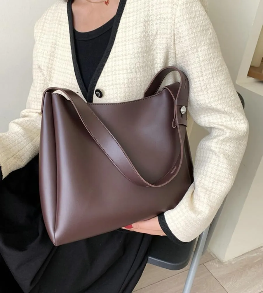 Soft Vegan Leather Bucket Tote Bag for Women Large Shoulder Crossbody Purse Casual Working Handbag Satchel 2pcs