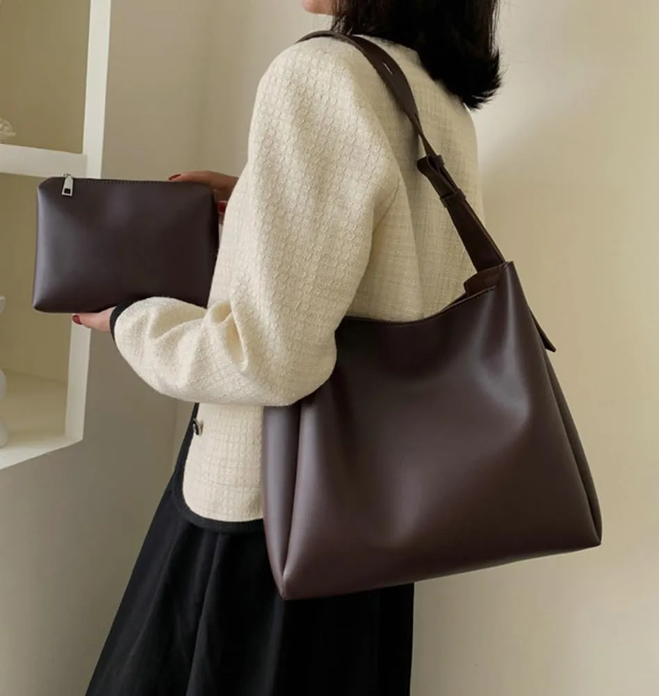 Soft Vegan Leather Bucket Tote Bag for Women Large Shoulder Crossbody Purse Casual Working Handbag Satchel 2pcs