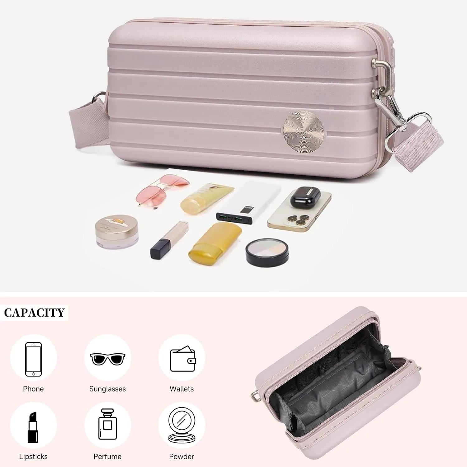 Somago Hard Shell Suitcase Handbag with Adjustable Strap Mini Cosmetic Handbag Cell Phone Purse Bag for 6.9" Shoulder Bag(Nude Pink)