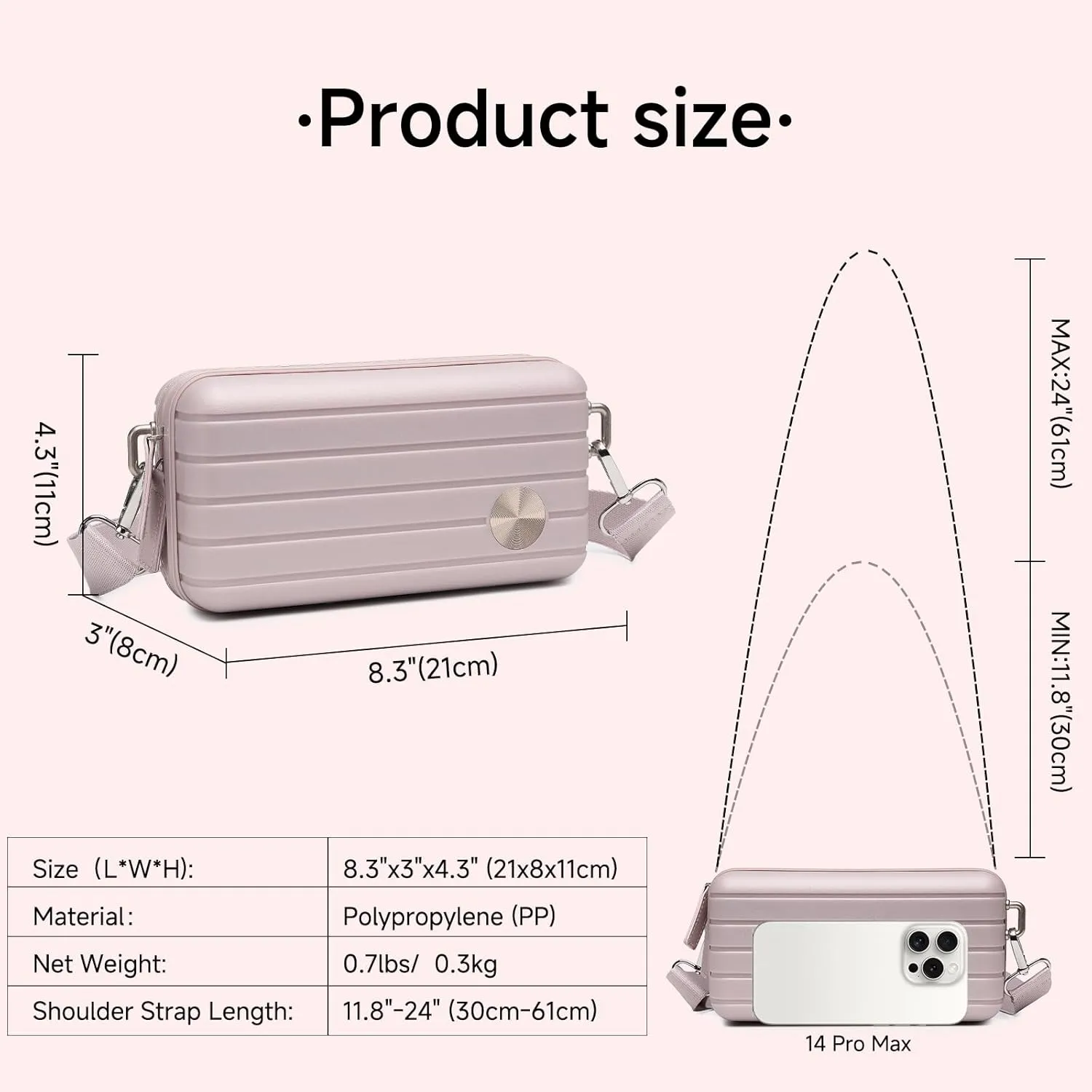 Somago Hard Shell Suitcase Handbag with Adjustable Strap Mini Cosmetic Handbag Cell Phone Purse Bag for 6.9" Shoulder Bag(Nude Pink)