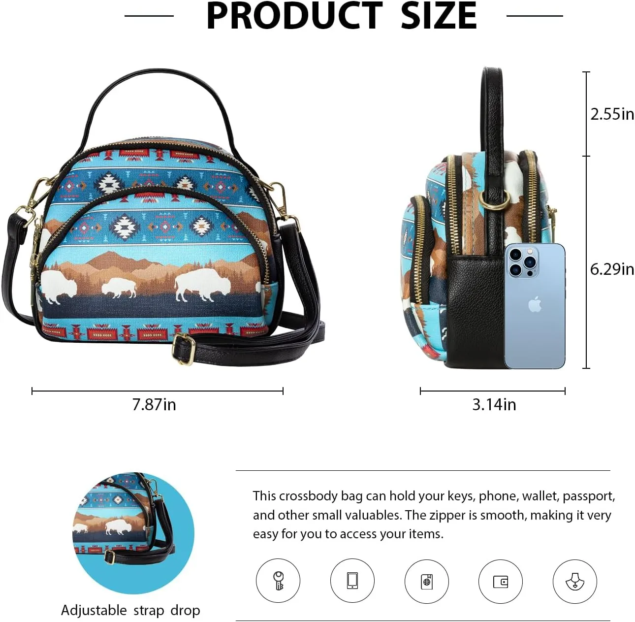 Southwest Crossbody Bags For Women, Handbags, Shoulder Bag, Purse, Pu Leather, With Adjustable Strap