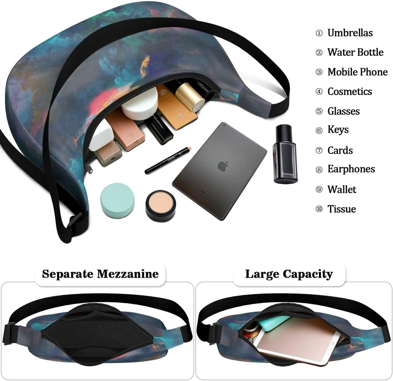 Space Sling Crossbody Bag for Women Crescent Bag with Adjustable Strap Waterproof Nylon Galaxy Shoulder Bag for Daily Work