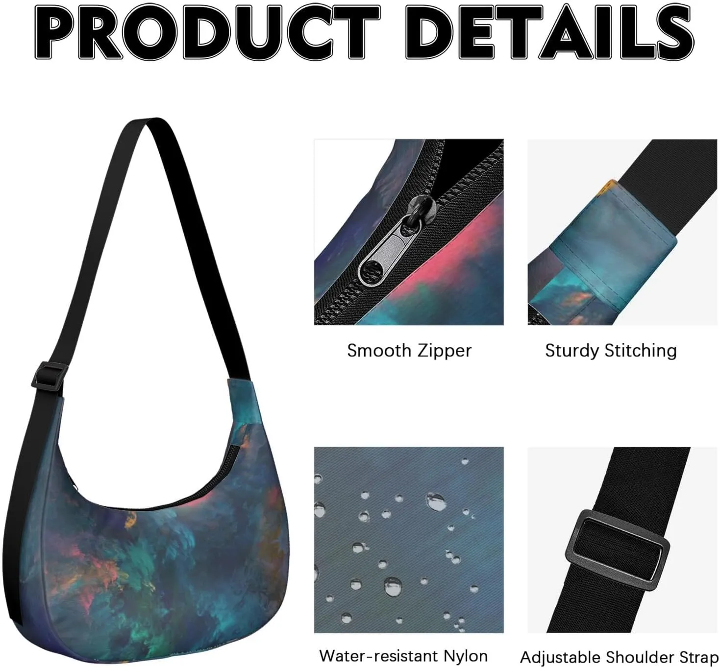 Space Sling Crossbody Bag for Women Crescent Bag with Adjustable Strap Waterproof Nylon Galaxy Shoulder Bag for Daily Work