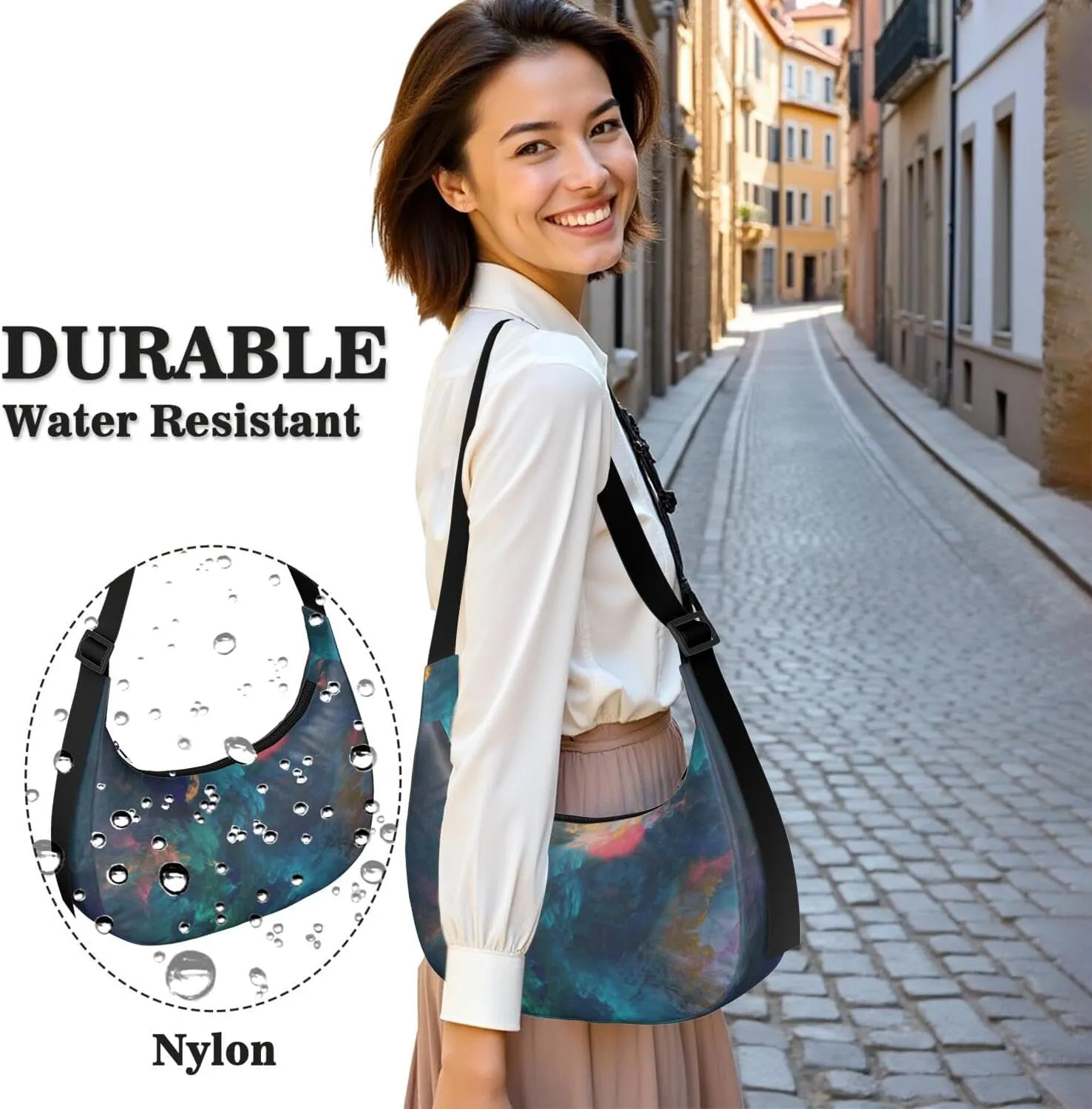 Space Sling Crossbody Bag for Women Crescent Bag with Adjustable Strap Waterproof Nylon Galaxy Shoulder Bag for Daily Work