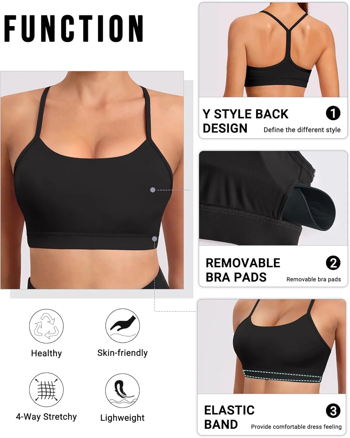Spaghetti Strap Padded Sports Bras for Women - Y Back Yoga Workout Tops (3 Pack)