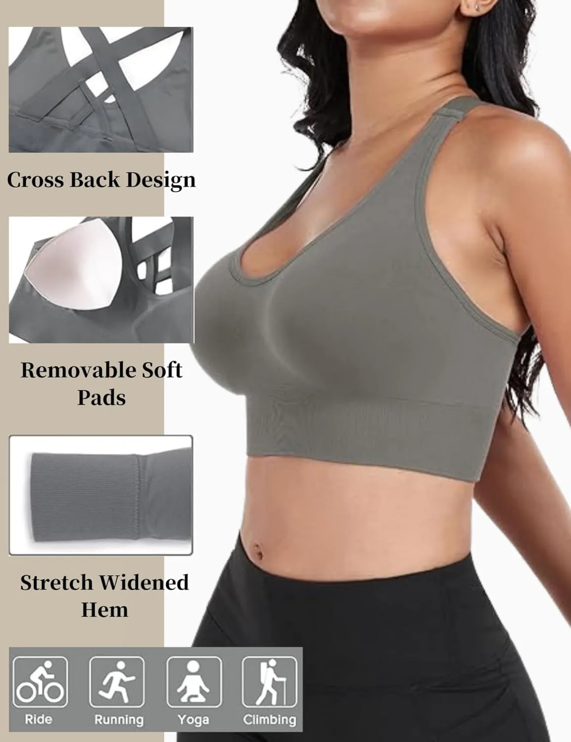 Sports Bra for Women, High Support Criss-Cross Back Padded Strappy Push up Sports Bras with Removable Cups Workout Yoga Top