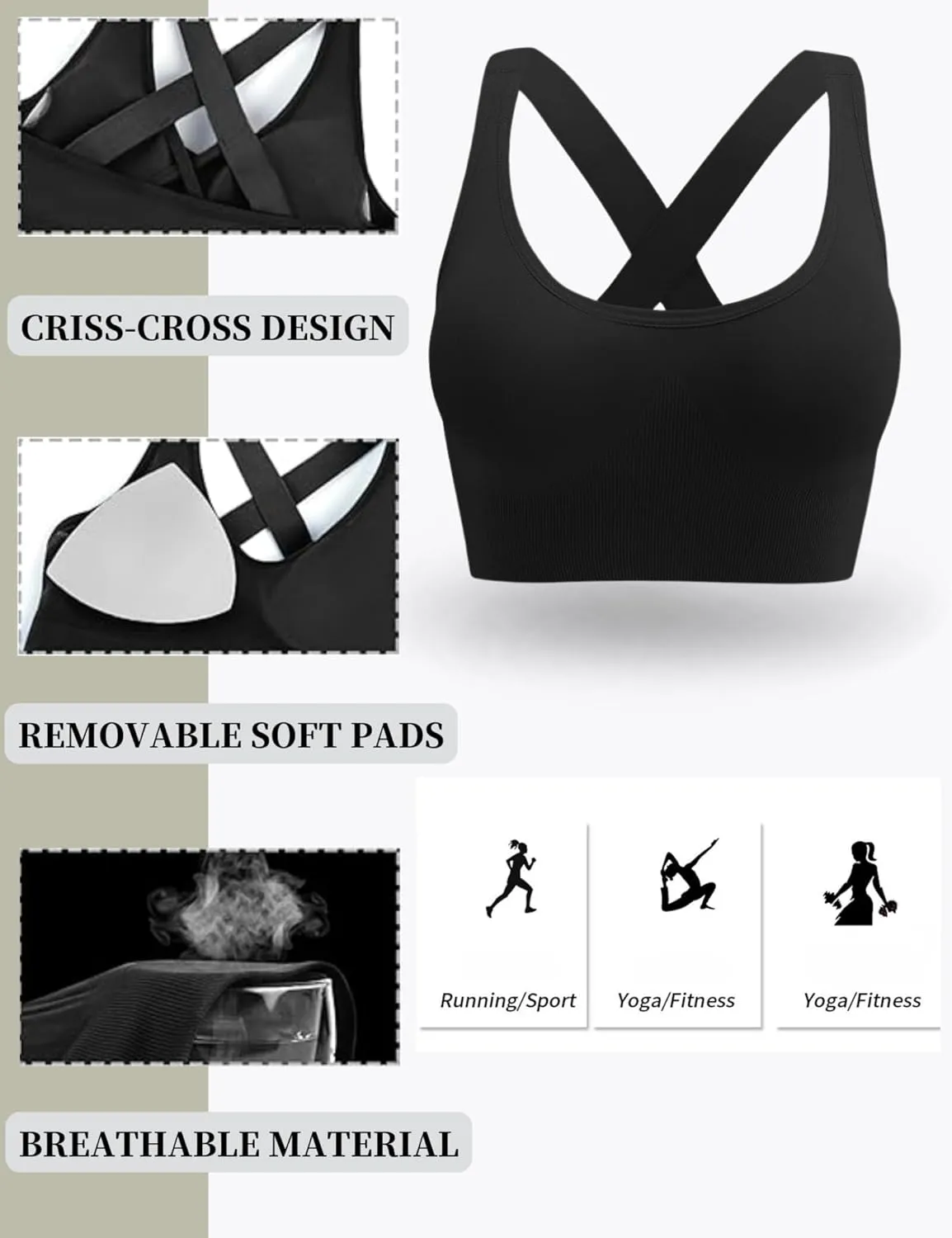 Sports Bra for Women, High Support Criss-Cross Back Padded Strappy Push up Sports Bras with Removable Cups Workout Yoga Top
