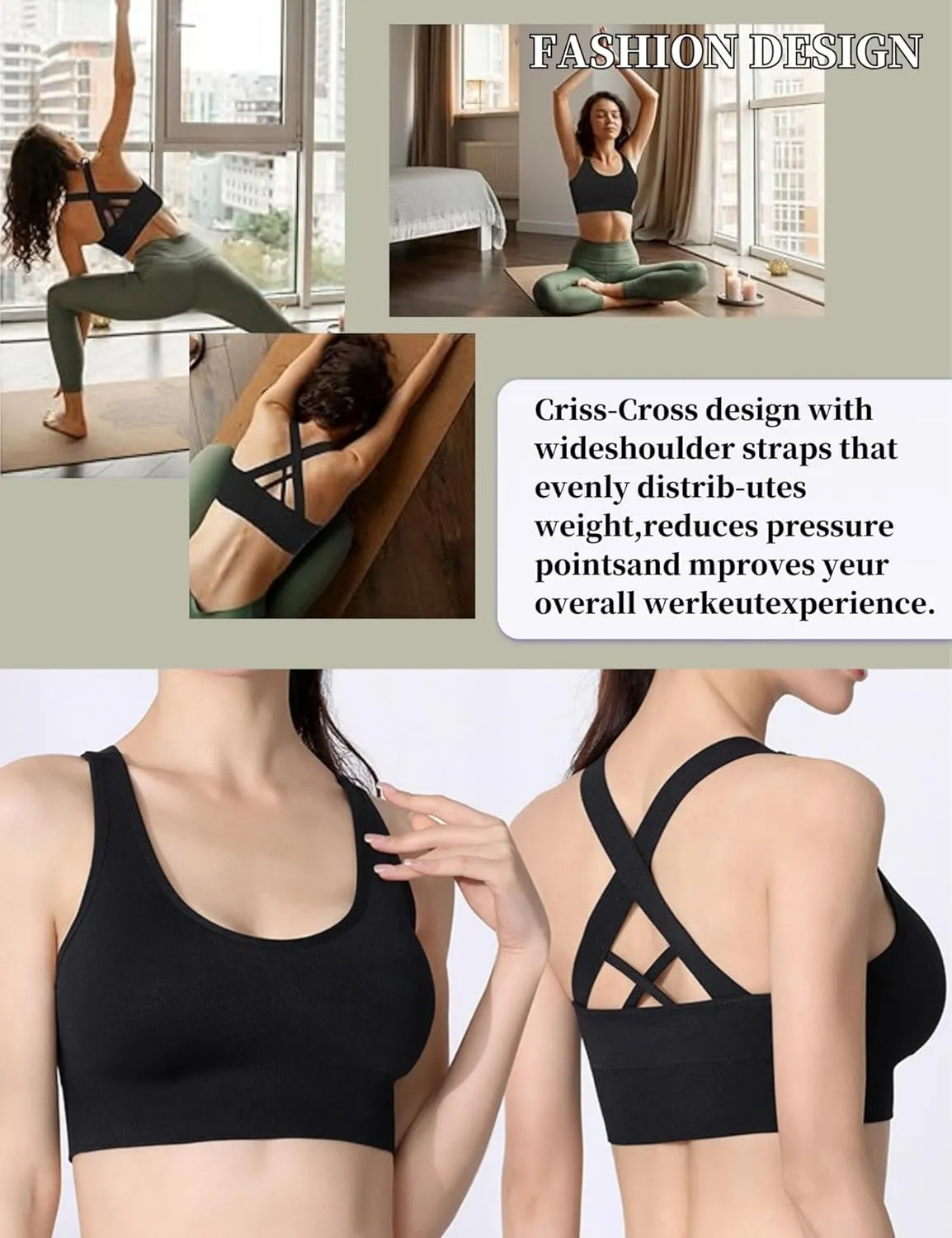 Sports Bra for Women, High Support Criss-Cross Back Padded Strappy Push up Sports Bras with Removable Cups Workout Yoga Top