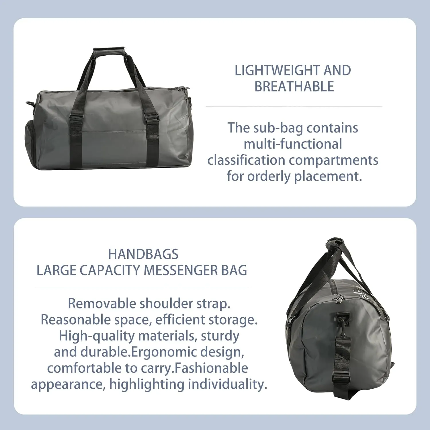 Sports Gym Duffle Bag, Workout bag,Waterproof Duffel Bag,Gym Bag with Shoe Compartment, duffle bag with compartments,Handbag Can be Carried Diagonally (Grey)