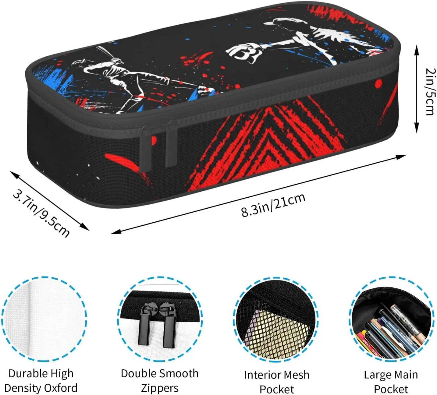 Sports Style Black Pencil Box with Playing Baseball Boys Pattern, Cool Baseball Themed Pen Case Holder Pouch Pencil Bag with Zippers Stationery Organizer Bag Purse for Sports Lovers Office Supplies