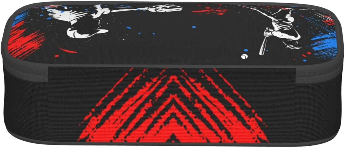 Sports Style Black Pencil Box with Playing Baseball Boys Pattern, Cool Baseball Themed Pen Case Holder Pouch Pencil Bag with Zippers Stationery Organizer Bag Purse for Sports Lovers Office Supplies