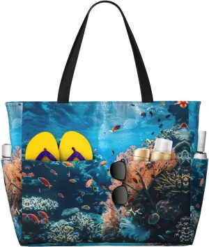 SSIMOO Coral Reef Spacious Beach Travel Bagâ€“reusable Grocery Tote, Multifunctional Beach Vacation Bag
