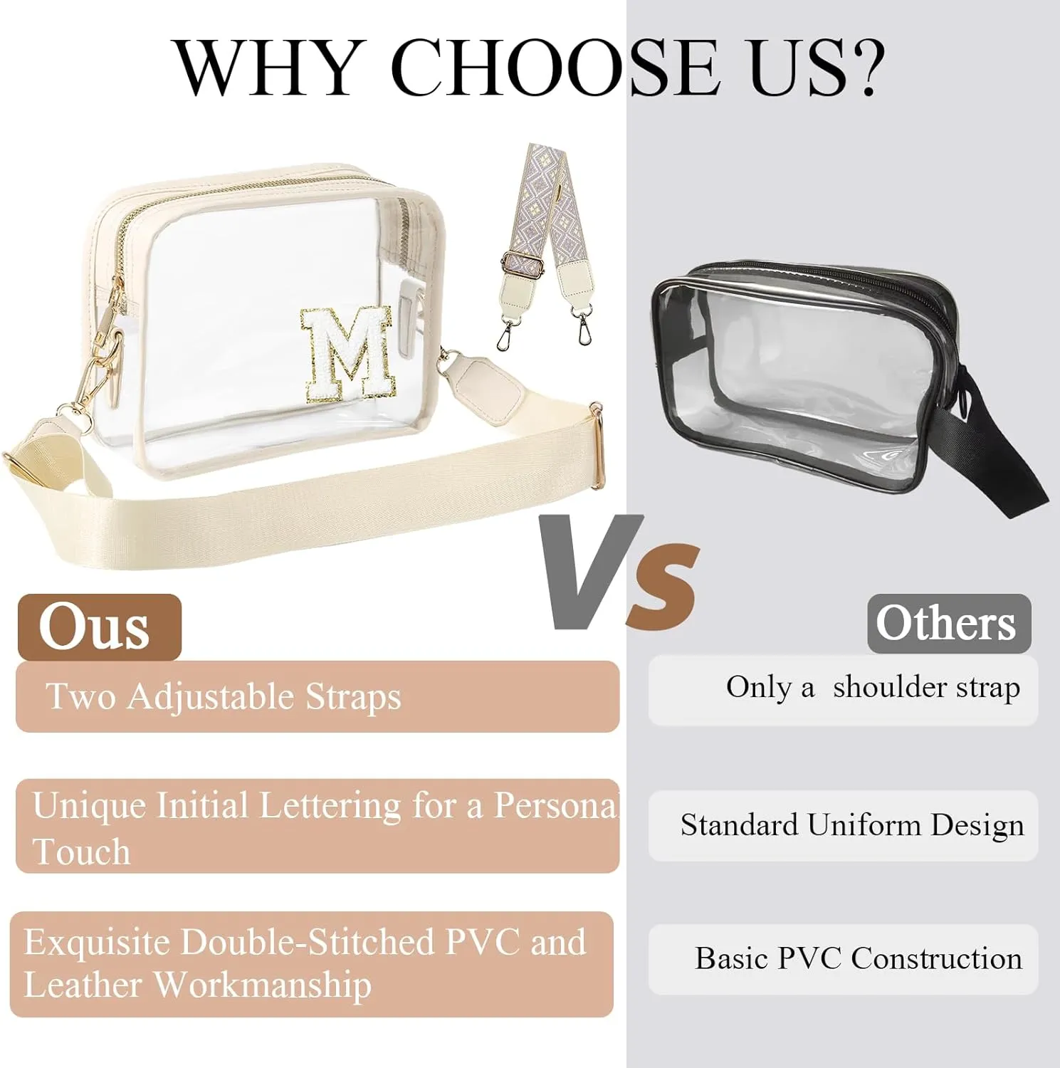 Stadium-Approved Clear Initial Purse, Crossbody Bag for Events, Concert and Sports,Adjustable Strap