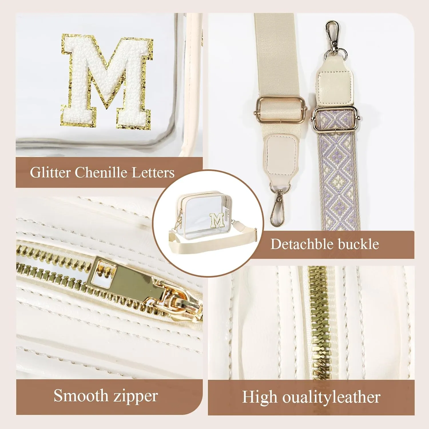 Stadium-Approved Clear Initial Purse, Crossbody Bag for Events, Concert and Sports,Adjustable Strap
