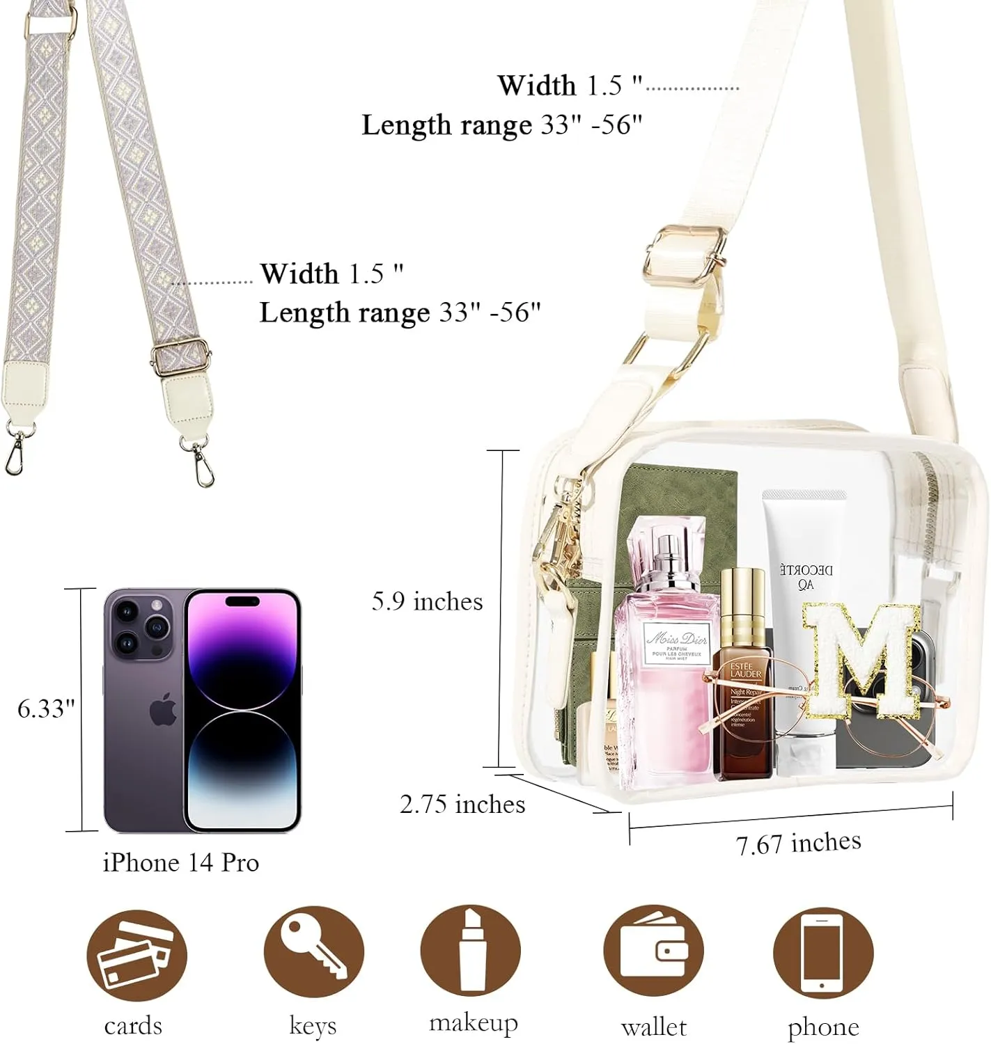 Stadium-Approved Clear Initial Purse, Crossbody Bag for Events, Concert and Sports,Adjustable Strap