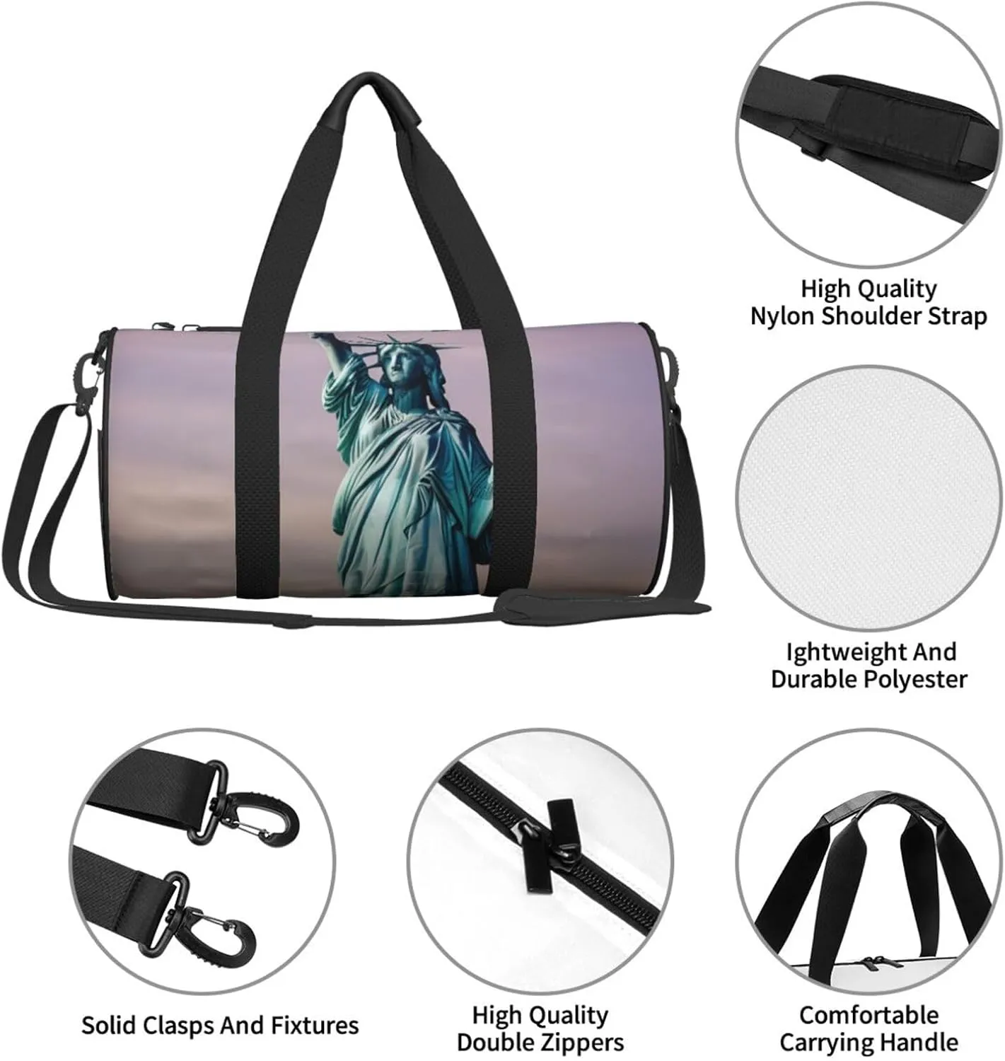 statue of liberty Printed Travel Bag,Round Personal Item Storage bag,Foldie Duffel Bag for Traveling Vacation,Fitness,Sports