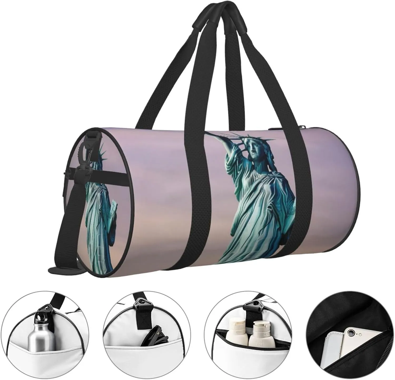 statue of liberty Printed Travel Bag,Round Personal Item Storage bag,Foldie Duffel Bag for Traveling Vacation,Fitness,Sports