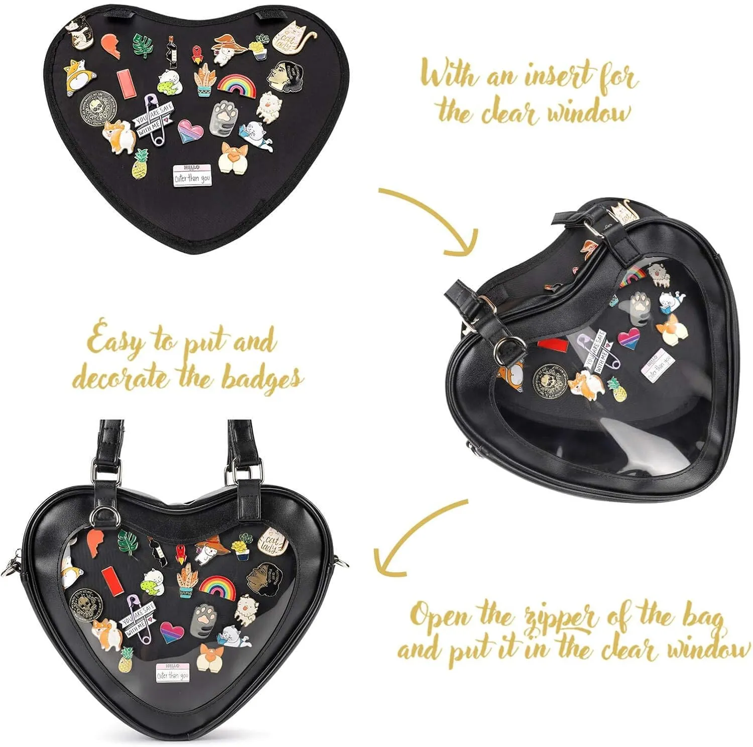 STEAMEDBUN Ita Bag Crossbody Heart Shaped Purse for Anime Pins Display