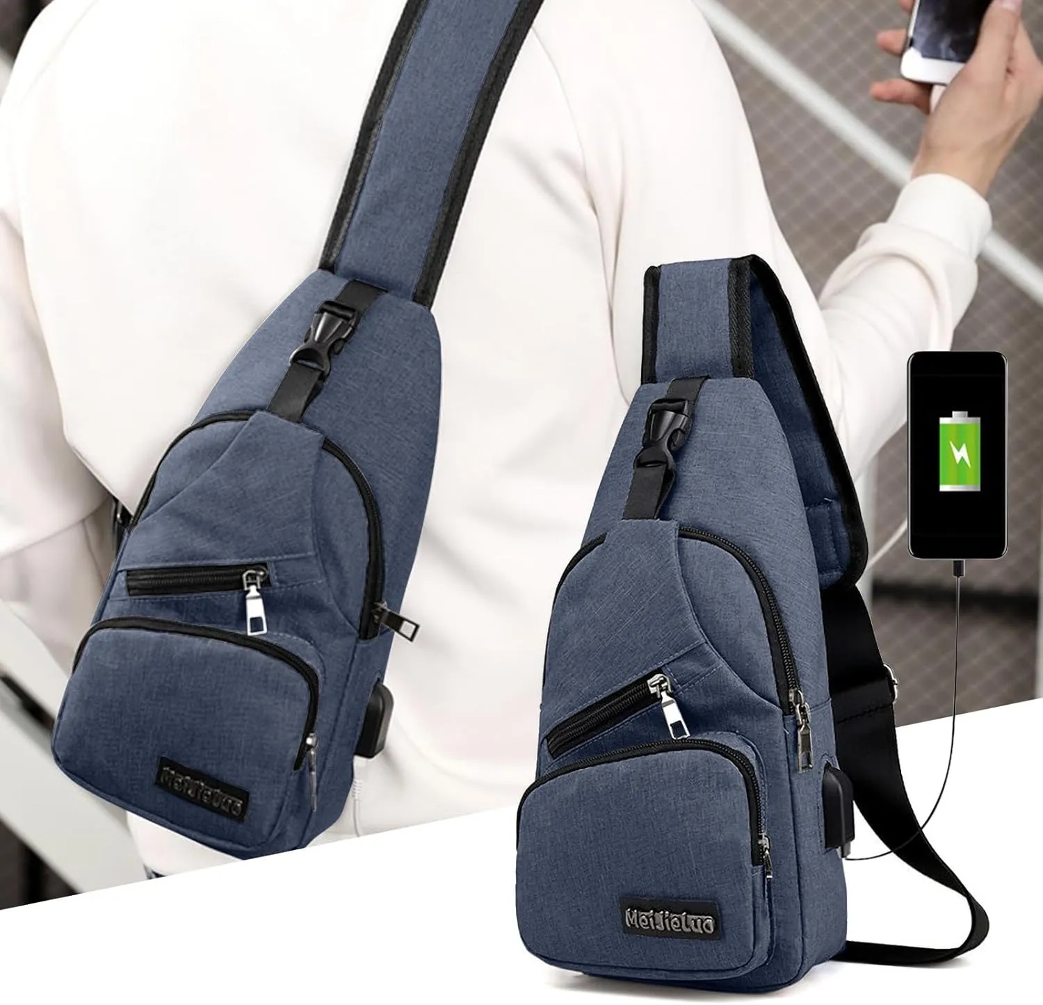Strap Bag Crossbody Backpack Shoulder Bag With USB Recharge Sling Crossbody Backpack Sling Bag for Men Women Chest Bag (Dark Blue)