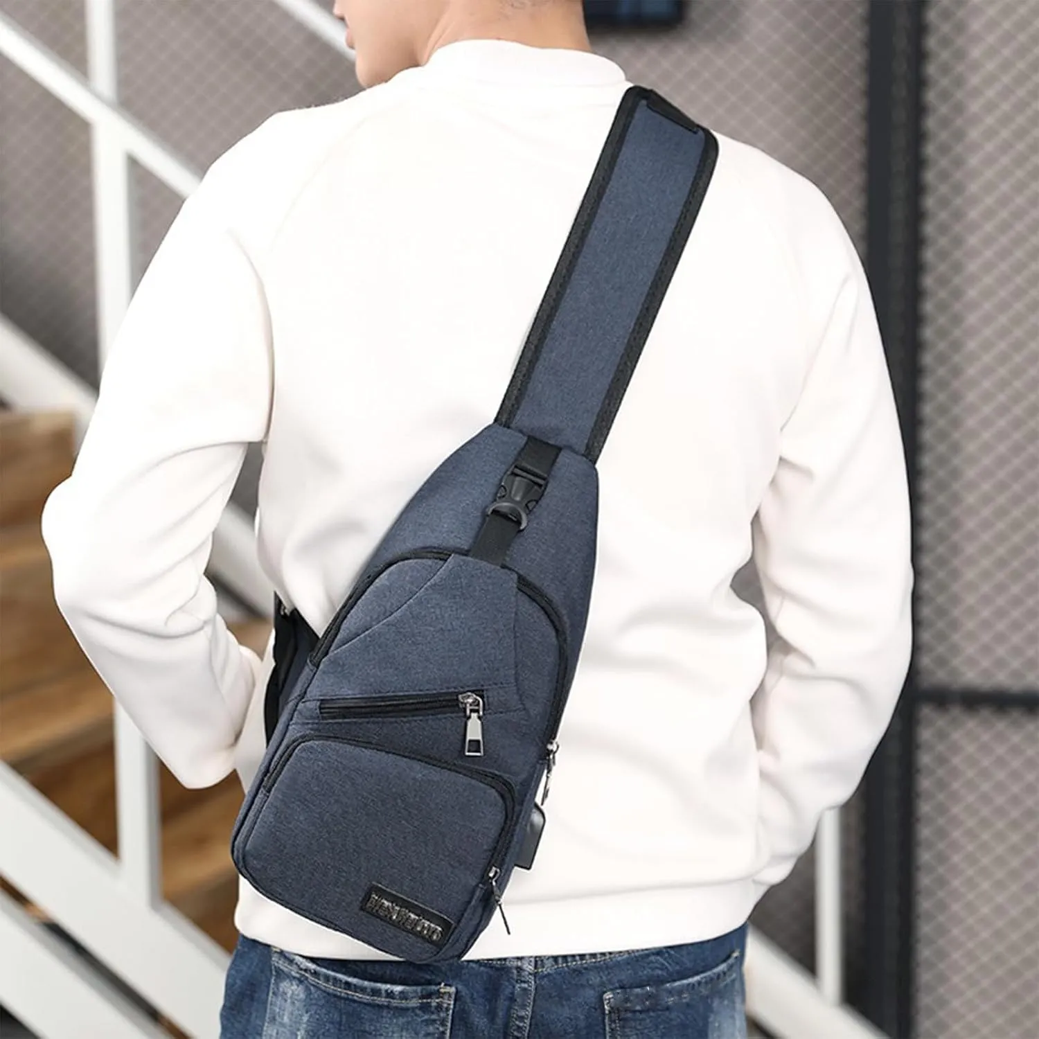 Strap Bag Crossbody Backpack Shoulder Bag With USB Recharge Sling Crossbody Backpack Sling Bag for Men Women Chest Bag (Dark Blue)