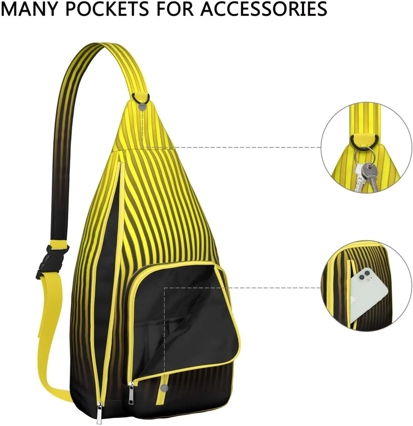 Stripe Yellow Black Crossbody Bag Daypack for Women Men Lightweight Waterproof Sling Bag Backpack Hiking Cycling