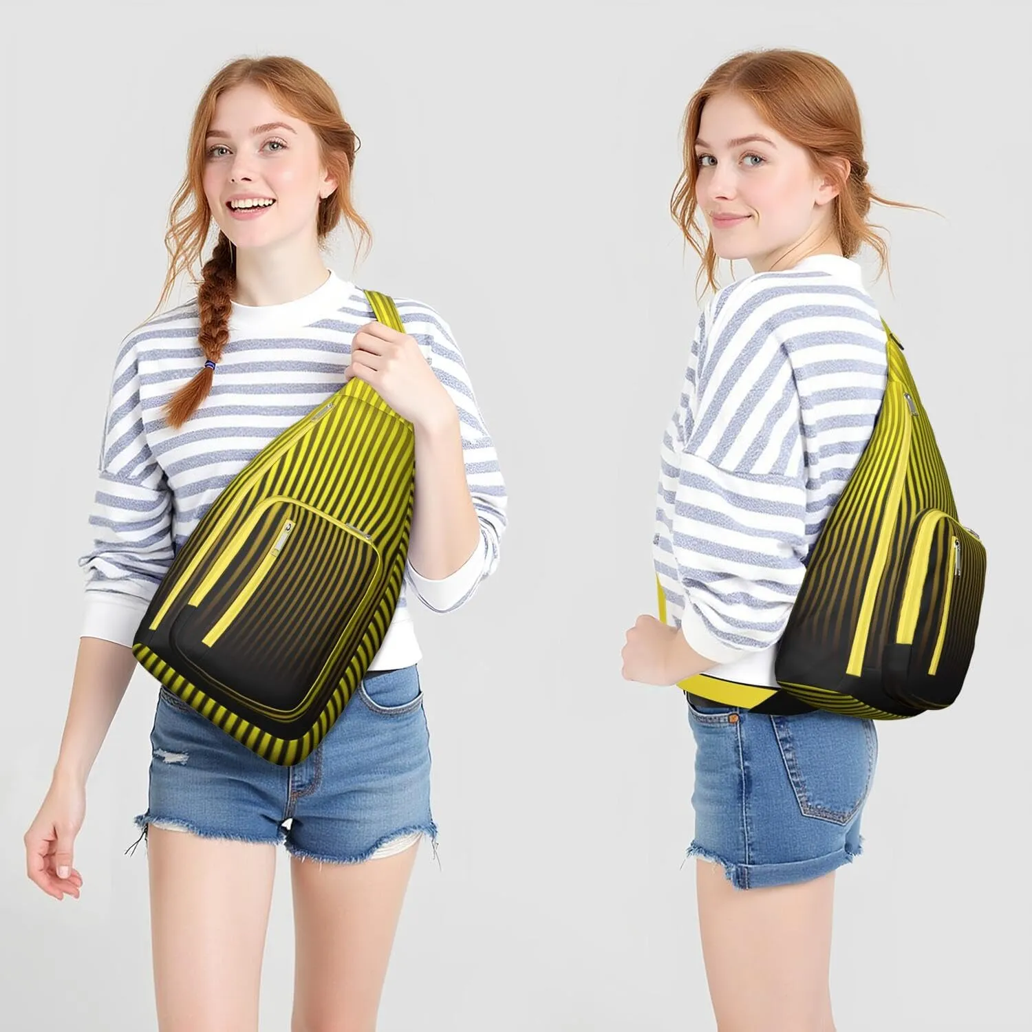 Stripe Yellow Black Crossbody Bag Daypack for Women Men Lightweight Waterproof Sling Bag Backpack Hiking Cycling