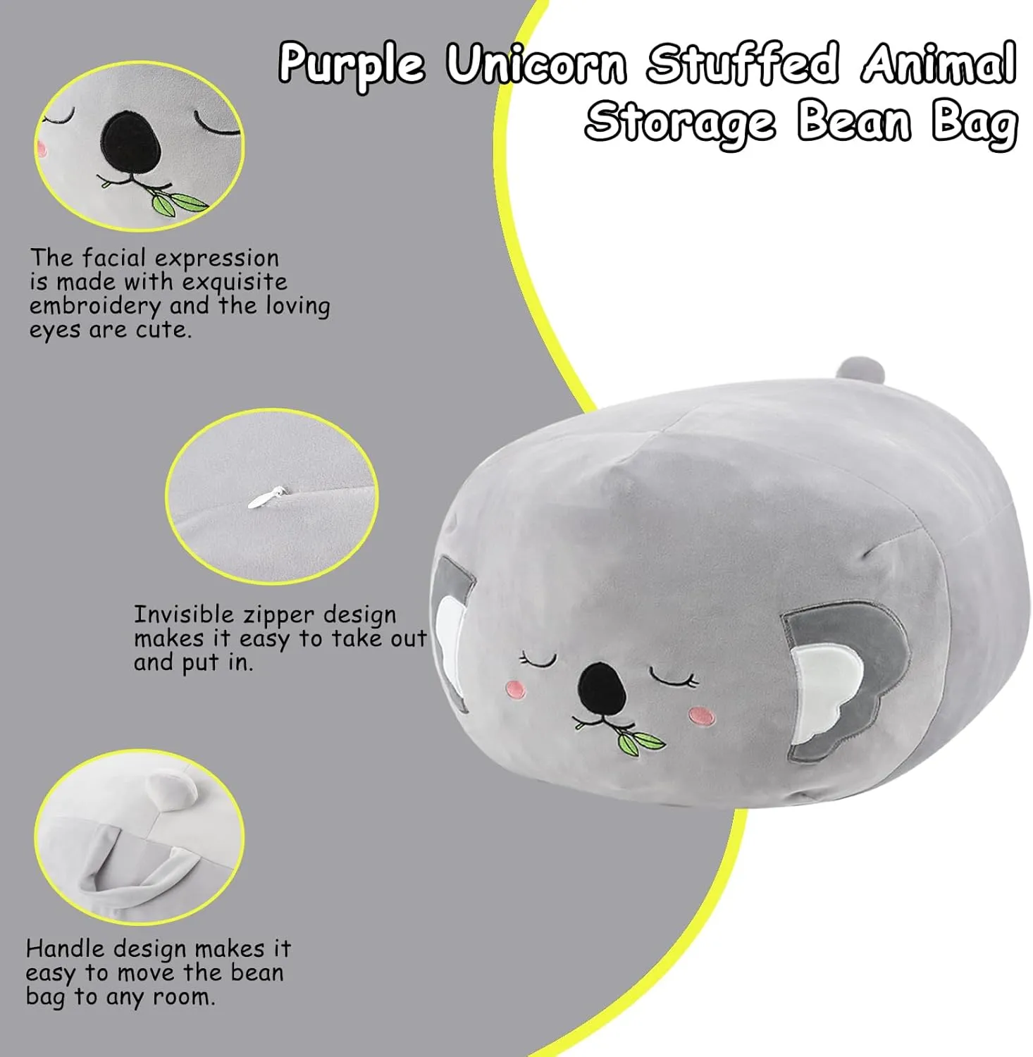 Stuffed Animal Storage Bean Bag Chair Cover for Cute Koala Large Beanbag Bedroom Décor Organizer Cover, No Beans