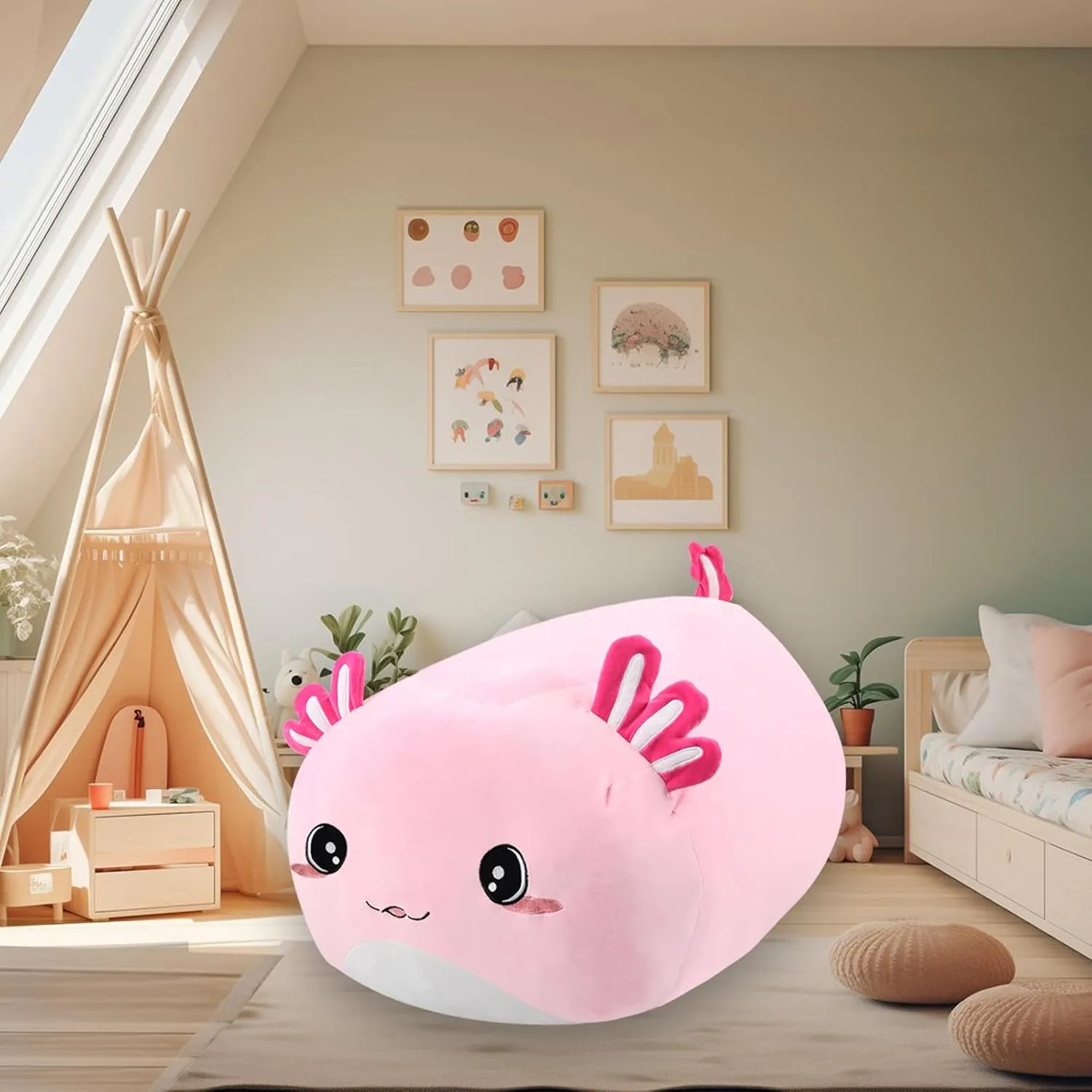 Stuffed Animal Storage Bean Bag Chair Cover for kids Cute Large Beanbag Bedroom Décor Organizer Cover, No Beans - Pink Axolotl
