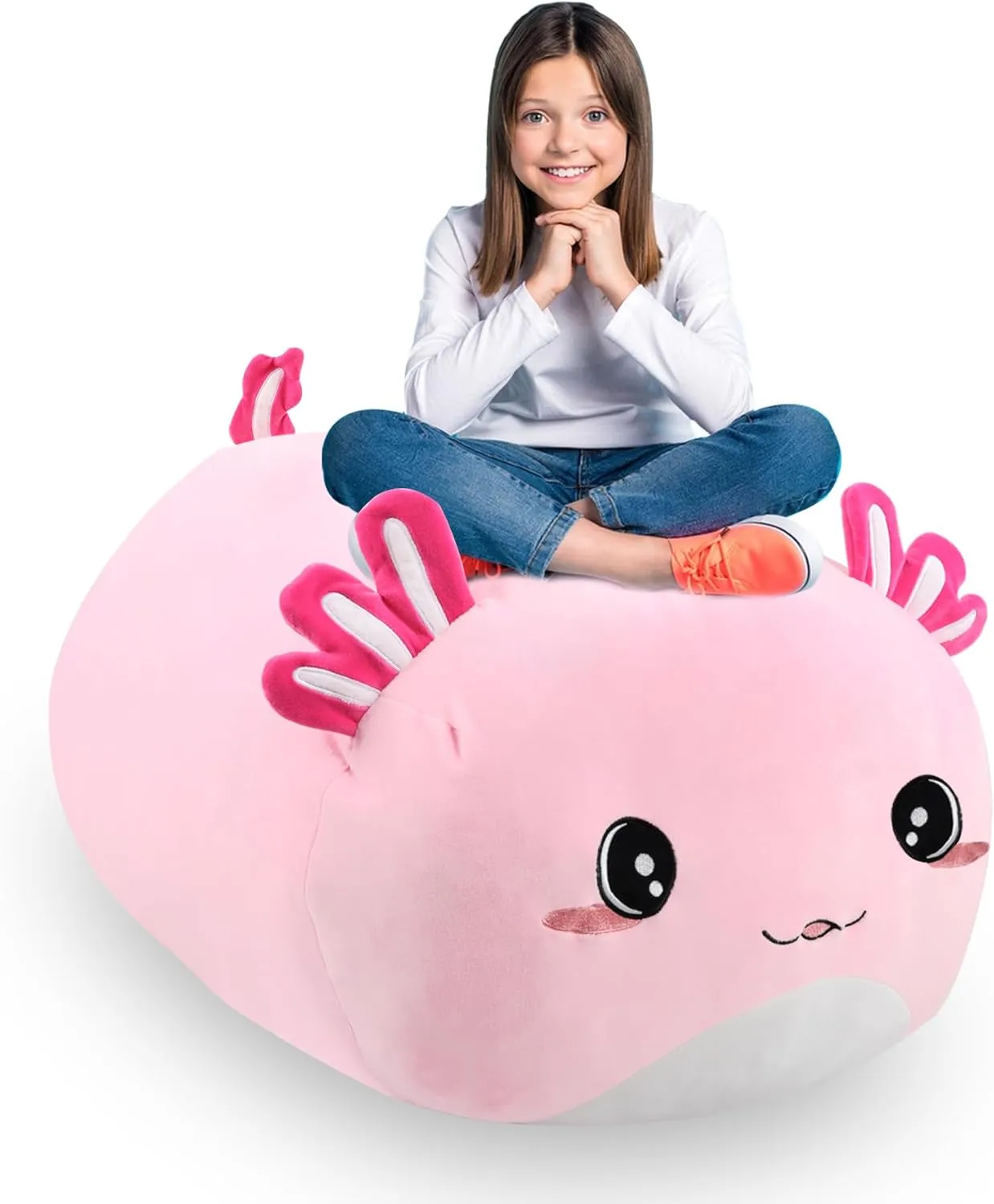 Stuffed Animal Storage Bean Bag Chair Cover for kids Cute Large Beanbag Bedroom Décor Organizer Cover, No Beans - Pink Axolotl