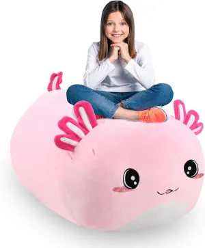 Stuffed Animal Storage Bean Bag Chair Cover for kids Cute Large Beanbag Bedroom Décor Organizer Cover, No Beans - Pink Axolotl
