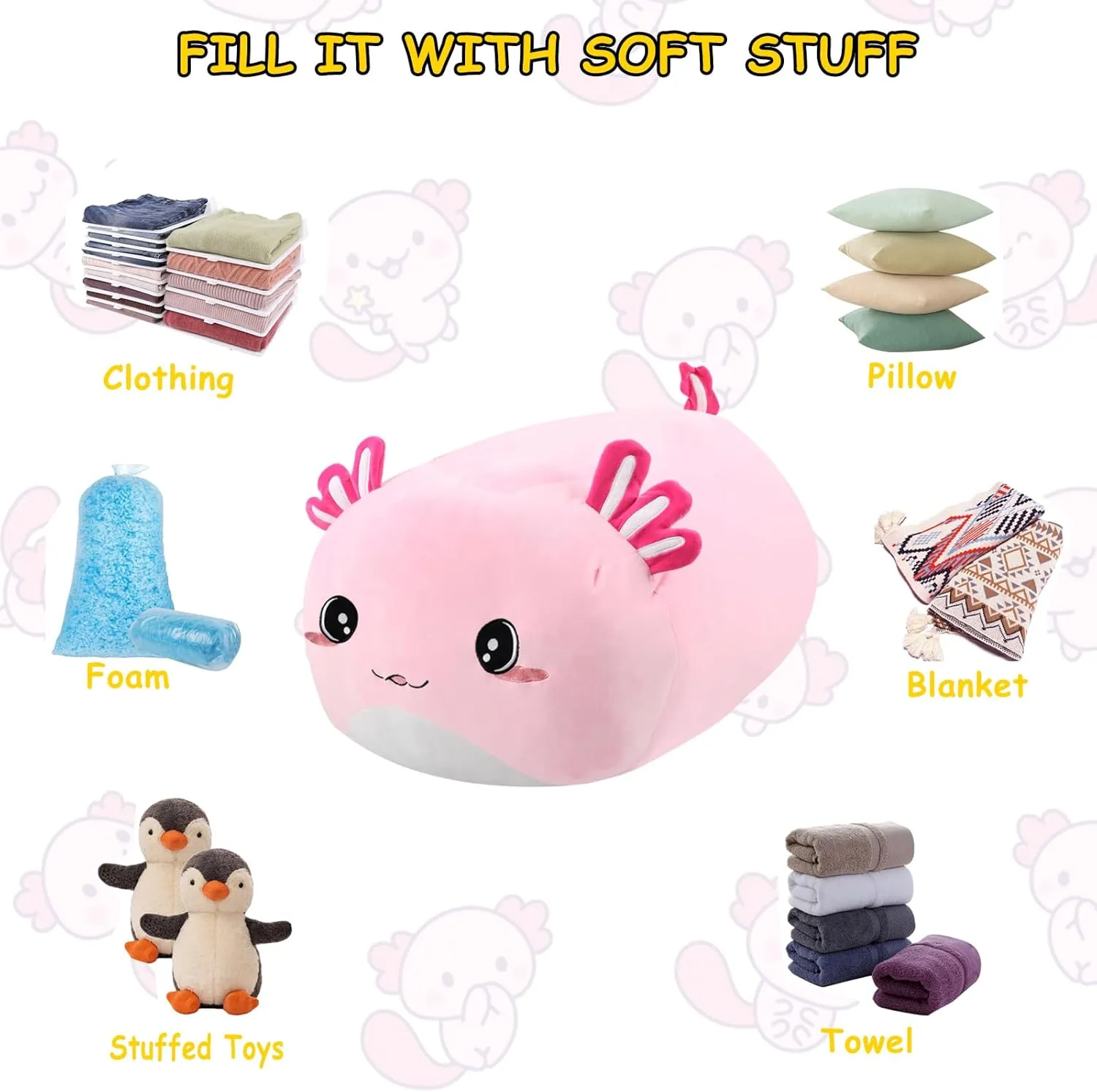 Stuffed Animal Storage Bean Bag Chair Cover for kids Cute Large Beanbag Bedroom Décor Organizer Cover, No Beans - Pink Axolotl