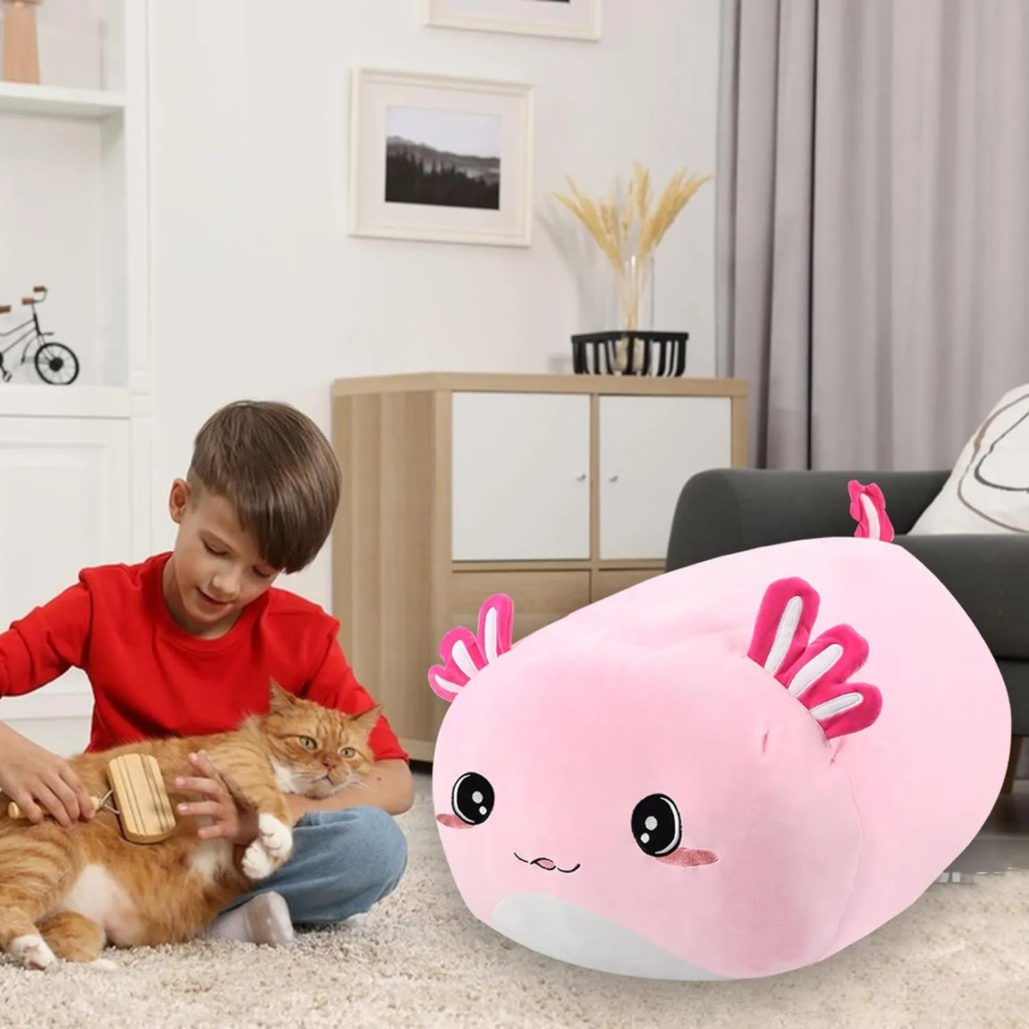 Stuffed Animal Storage Bean Bag Chair Cover for kids Cute Large Beanbag Bedroom Décor Organizer Cover, No Beans - Pink Axolotl