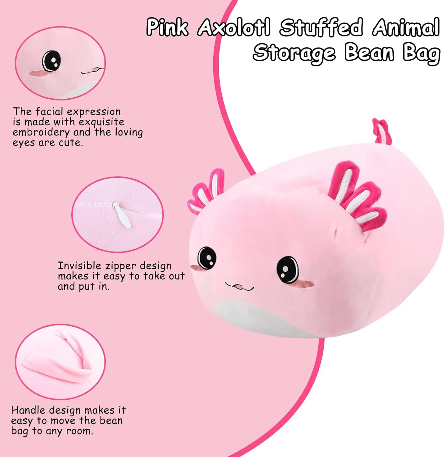 Stuffed Animal Storage Bean Bag Chair Cover for kids Cute Large Beanbag Bedroom Décor Organizer Cover, No Beans - Pink Axolotl