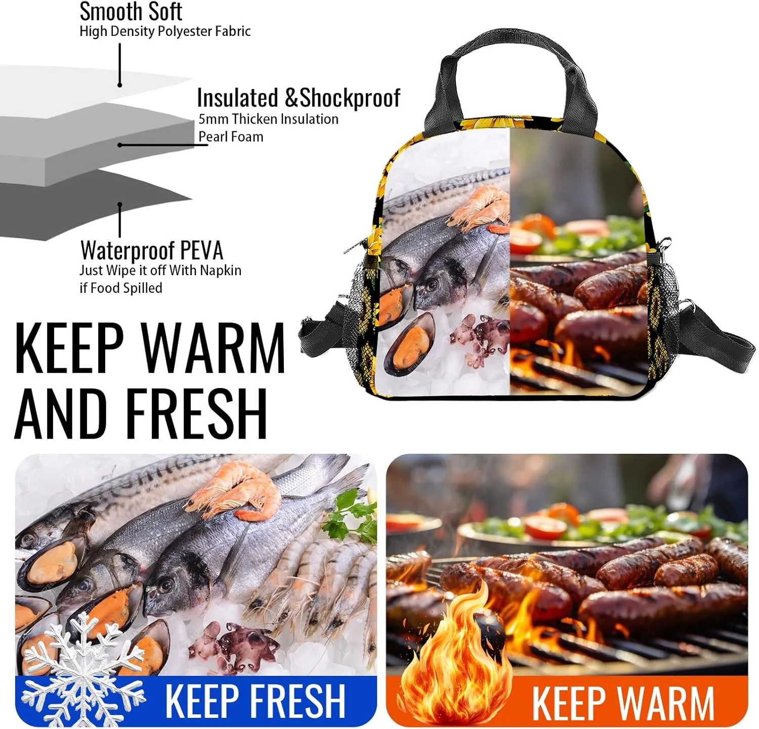 Sunflower Lunch Box for Adult Kids,Sunflower Lunch Bag with Adjustable Shoulder Strap Bag For Girls Boys Men Women,sunflower LunchBags for School Students, Camping,Picnic,Travel,Work