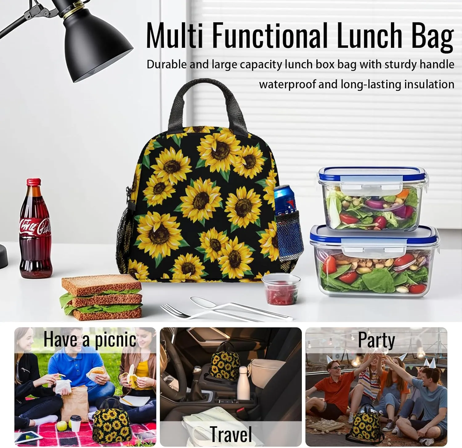 Sunflower Lunch Box for Adult Kids,Sunflower Lunch Bag with Adjustable Shoulder Strap Bag For Girls Boys Men Women,sunflower LunchBags for School Students, Camping,Picnic,Travel,Work