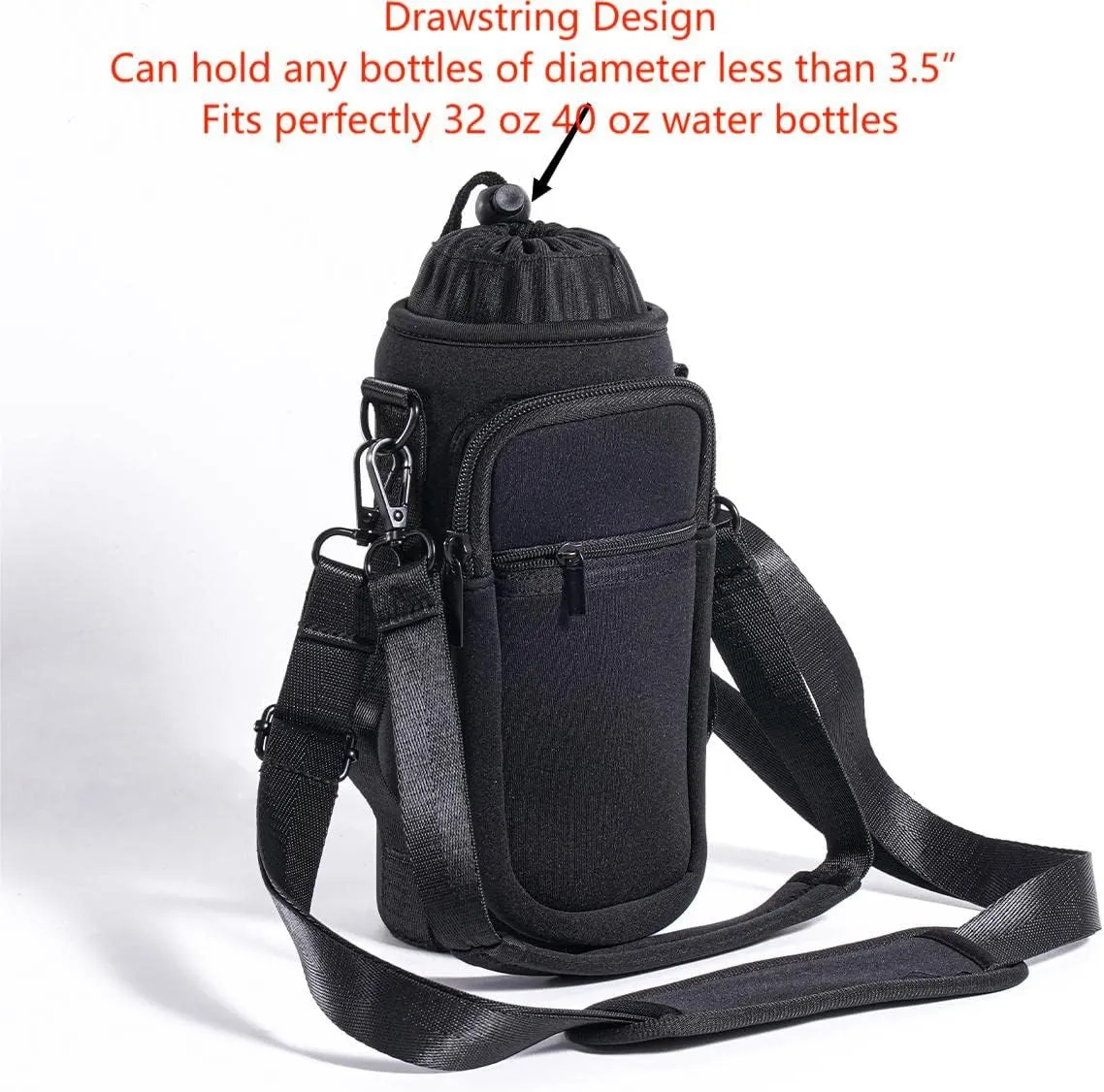 sunkey Water Bottle Carrier Holder Bag with Strap and Pouch Crossbody Water Bottle Sling Bag with Phone Pocket 32 oz for Walking Hiking (Black)