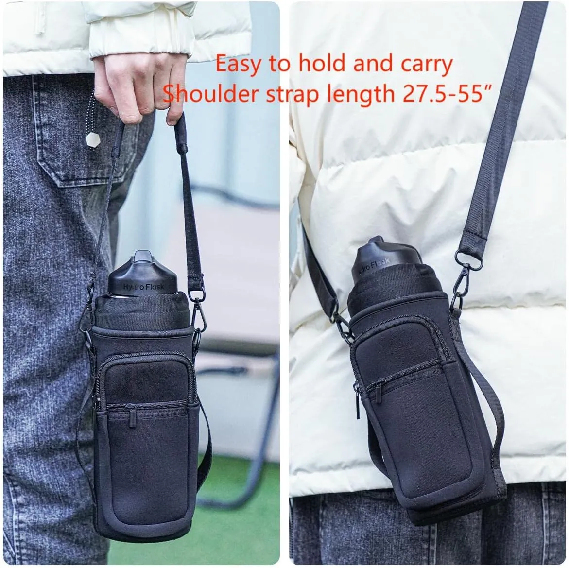 sunkey Water Bottle Carrier Holder Bag with Strap and Pouch Crossbody Water Bottle Sling Bag with Phone Pocket 32 oz for Walking Hiking (Black)
