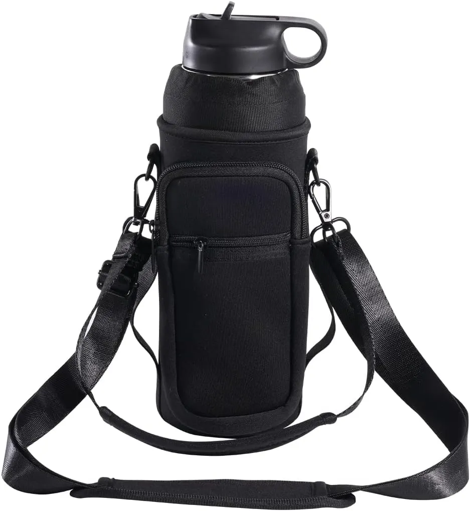 sunkey Water Bottle Carrier Holder Bag with Strap and Pouch Crossbody Water Bottle Sling Bag with Phone Pocket 32 oz for Walking Hiking (Black)