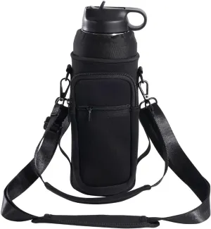 sunkey Water Bottle Carrier Holder Bag with Strap and Pouch Crossbody Water Bottle Sling Bag with Phone Pocket 32 oz for Walking Hiking (Black)