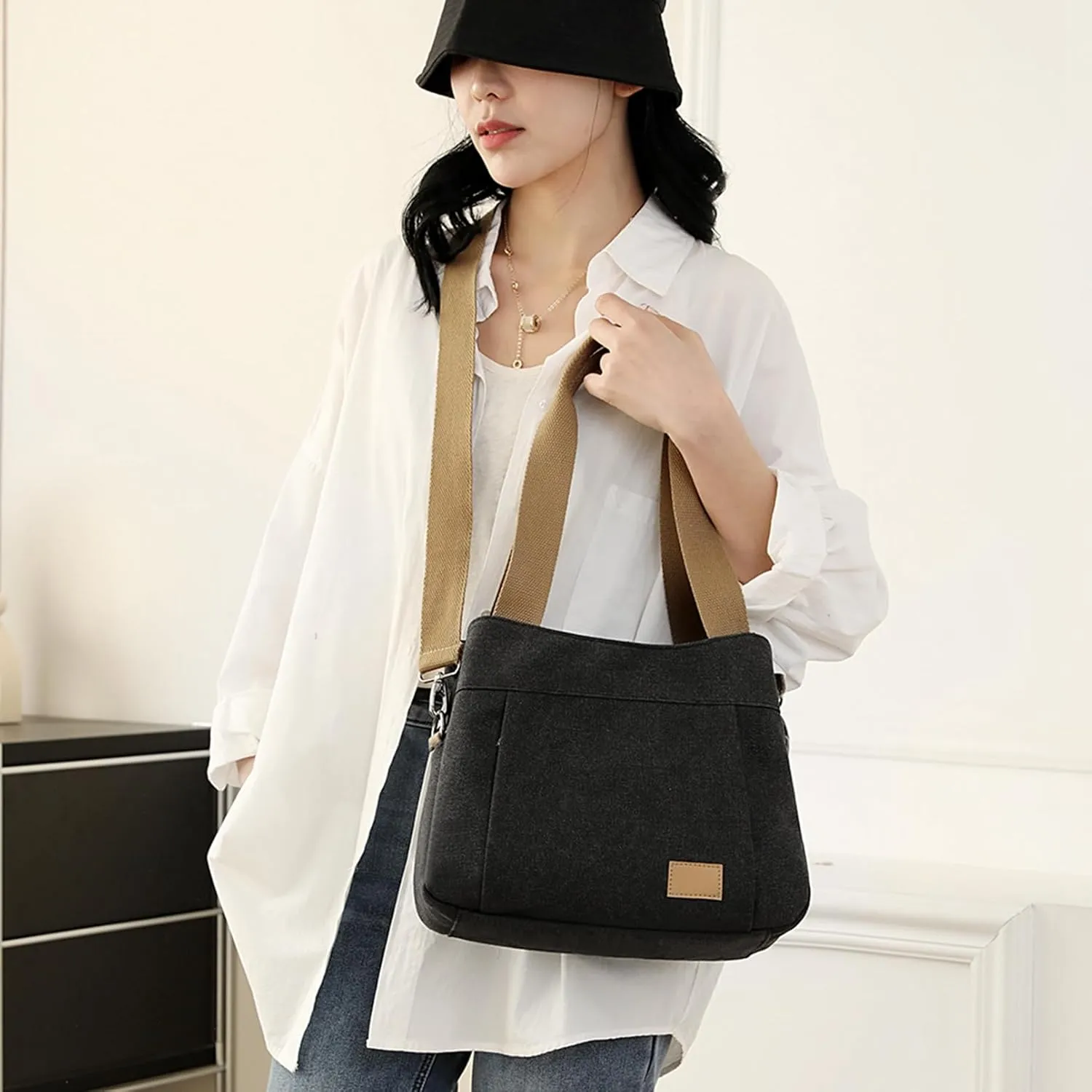 Sunshinejing Women's Canvas Purse Small Shoulder Tote Work Crossbody Bag Multi-pocket Handbag