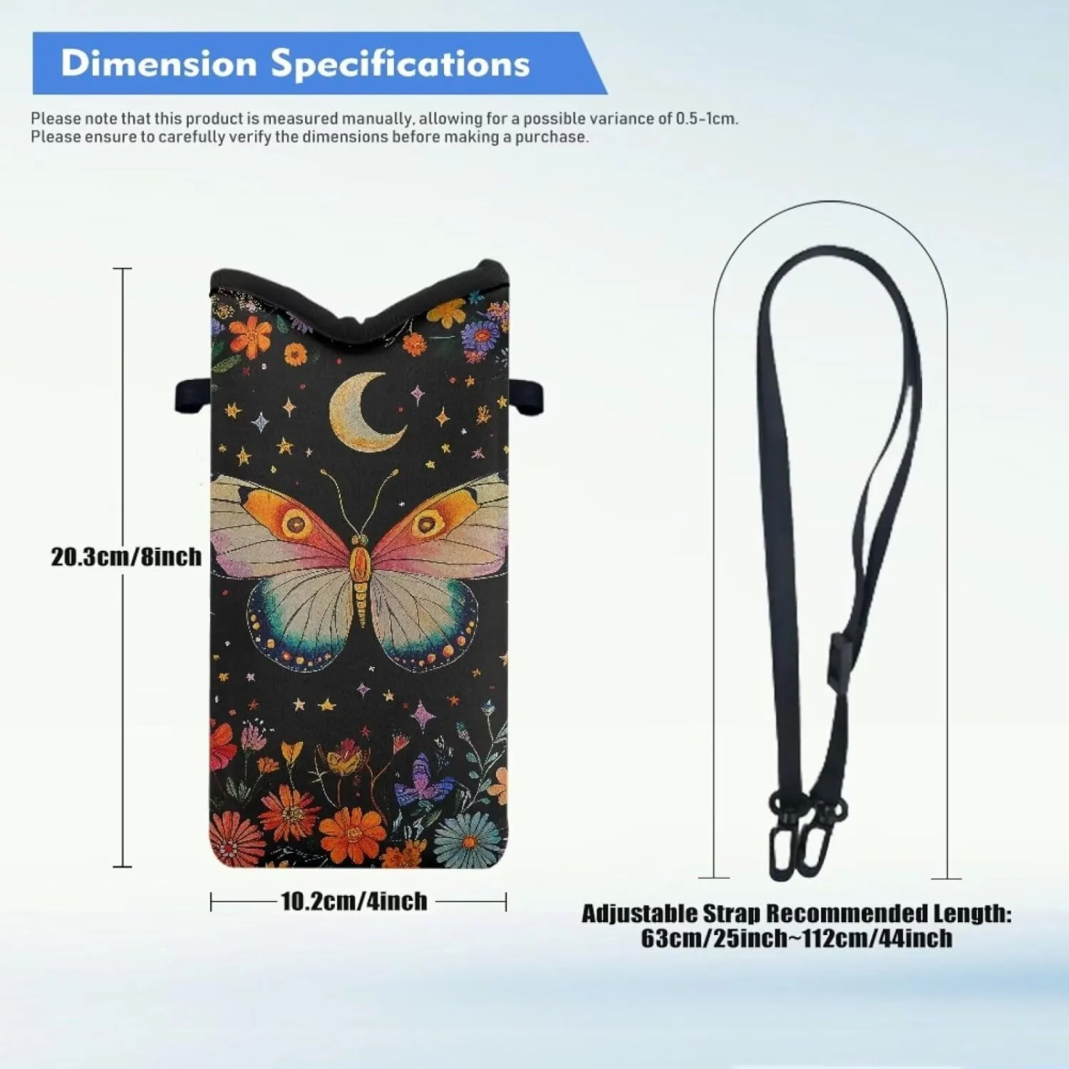 Suobstales Butterflt Daisy Moon Star Print Universal Neoprene Cell Phone Pouch 8 X 4 in Mobile Protection Case Bag with Crossbody Strap/Neck Lanyard for Women Men