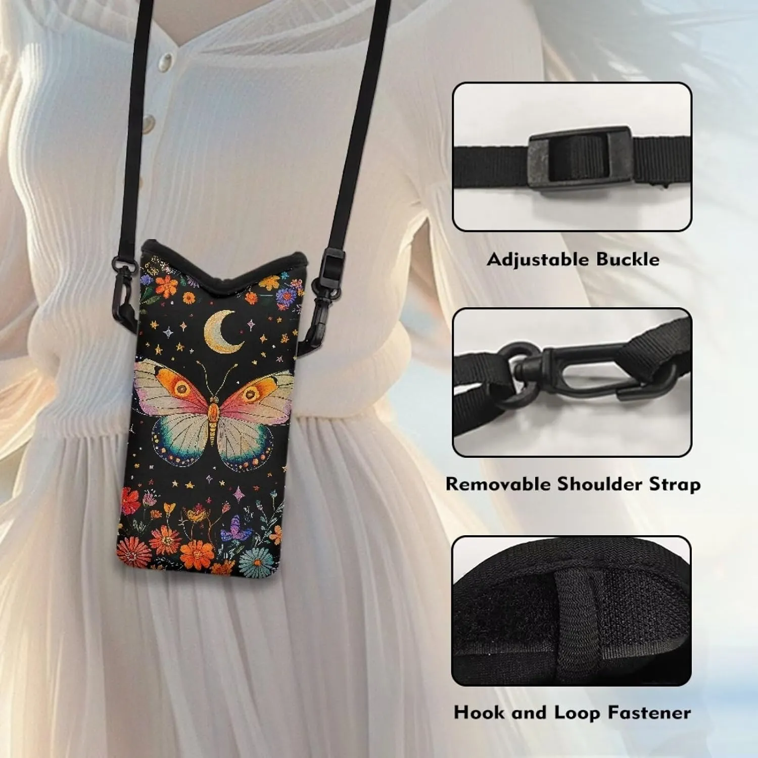 Suobstales Butterflt Daisy Moon Star Print Universal Neoprene Cell Phone Pouch 8 X 4 in Mobile Protection Case Bag with Crossbody Strap/Neck Lanyard for Women Men