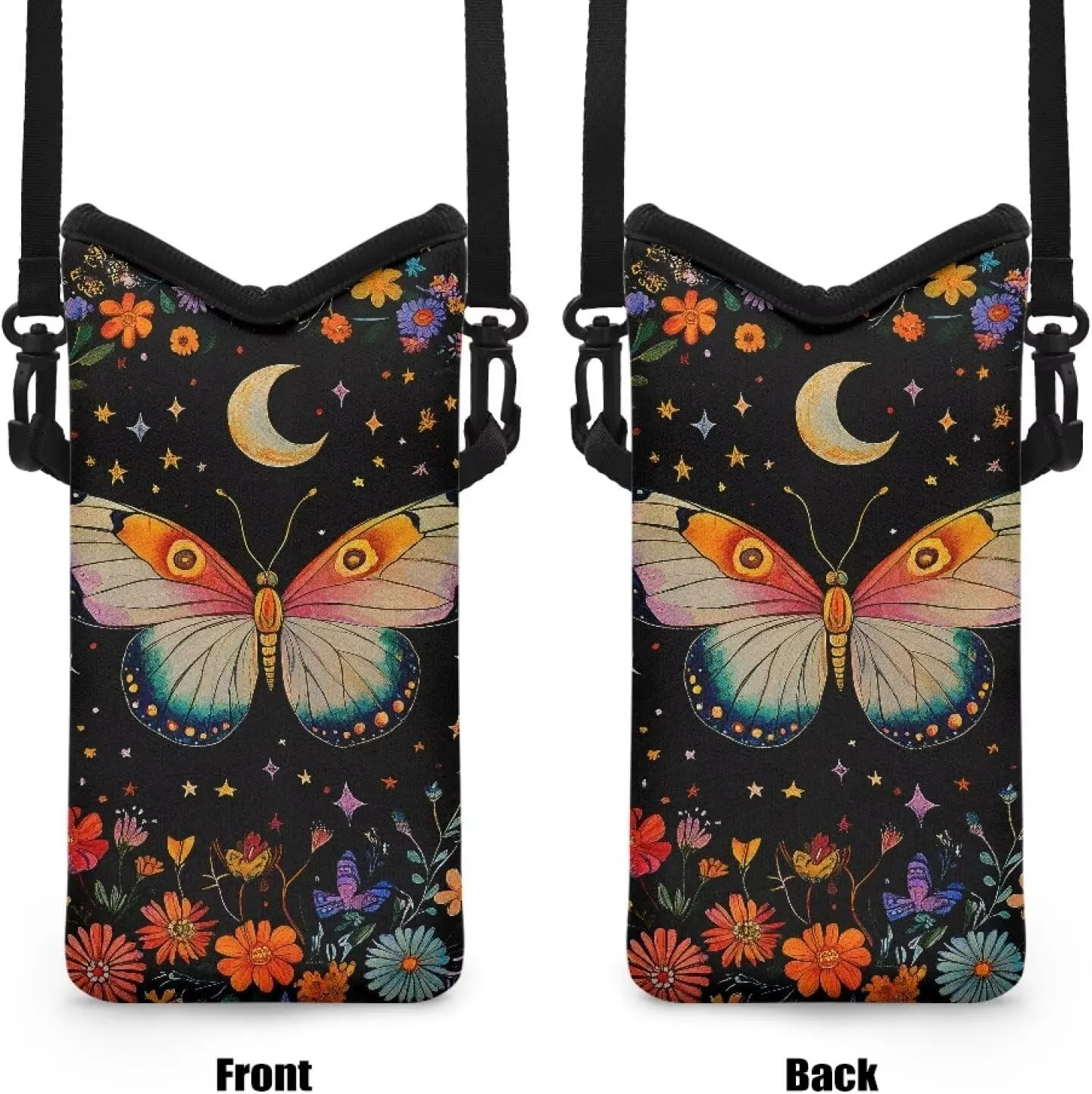 Suobstales Butterflt Daisy Moon Star Print Universal Neoprene Cell Phone Pouch 8 X 4 in Mobile Protection Case Bag with Crossbody Strap/Neck Lanyard for Women Men
