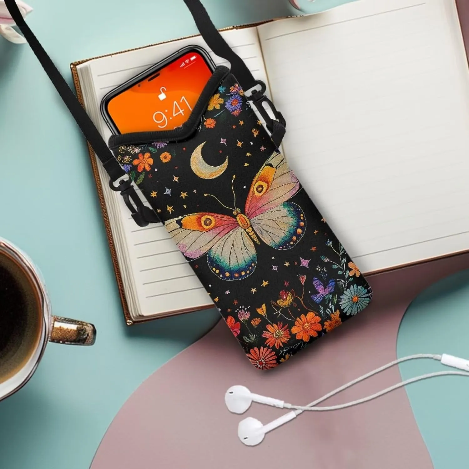 Suobstales Butterflt Daisy Moon Star Print Universal Neoprene Cell Phone Pouch 8 X 4 in Mobile Protection Case Bag with Crossbody Strap/Neck Lanyard for Women Men