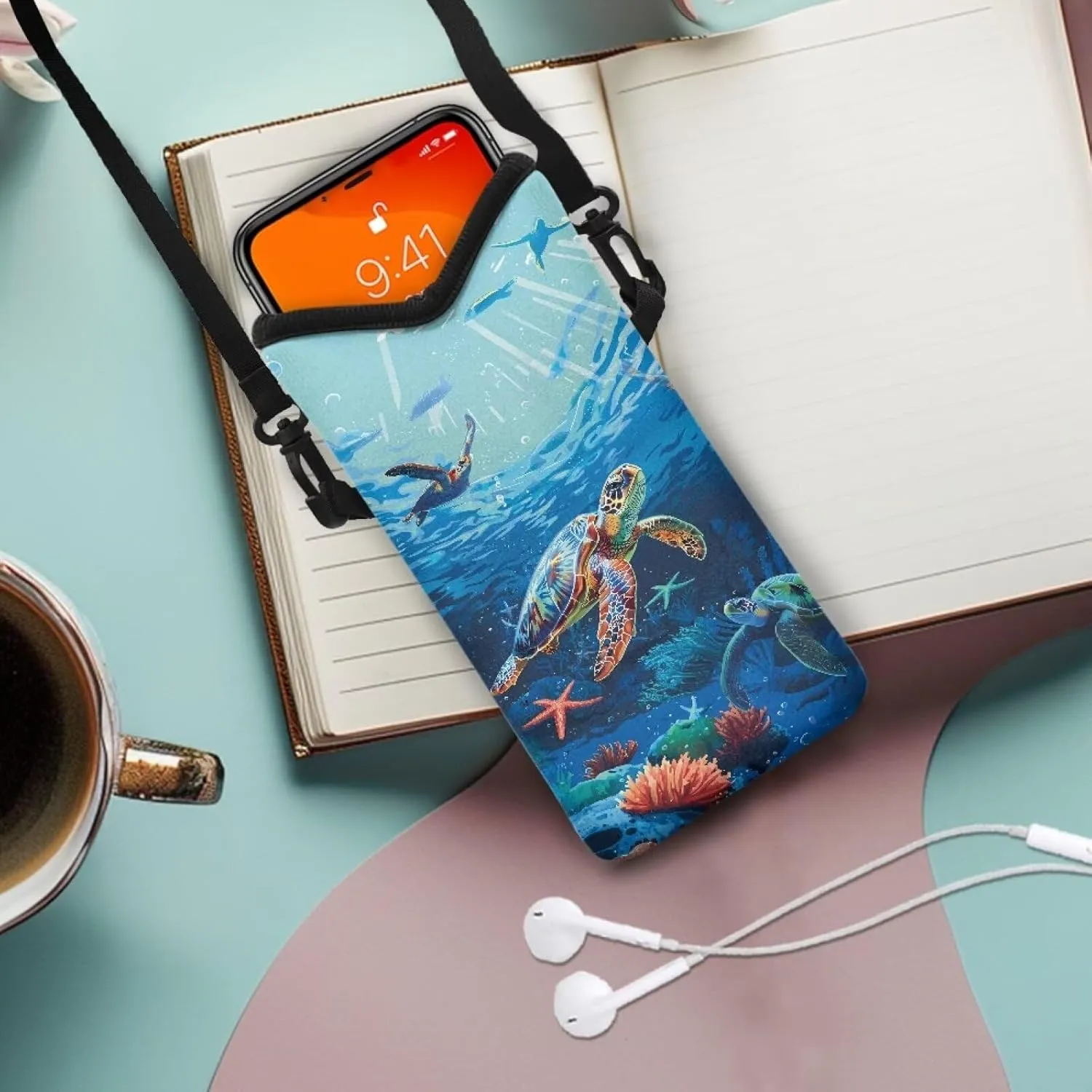 Suobstales Sea Turtle Print Cell Phone Case for Women Men Water Plants Design Travel Crossbody Cell Phone Purse Phone Case Bag Wallet Smartphone Shoulder Bag for iPhone Samsung