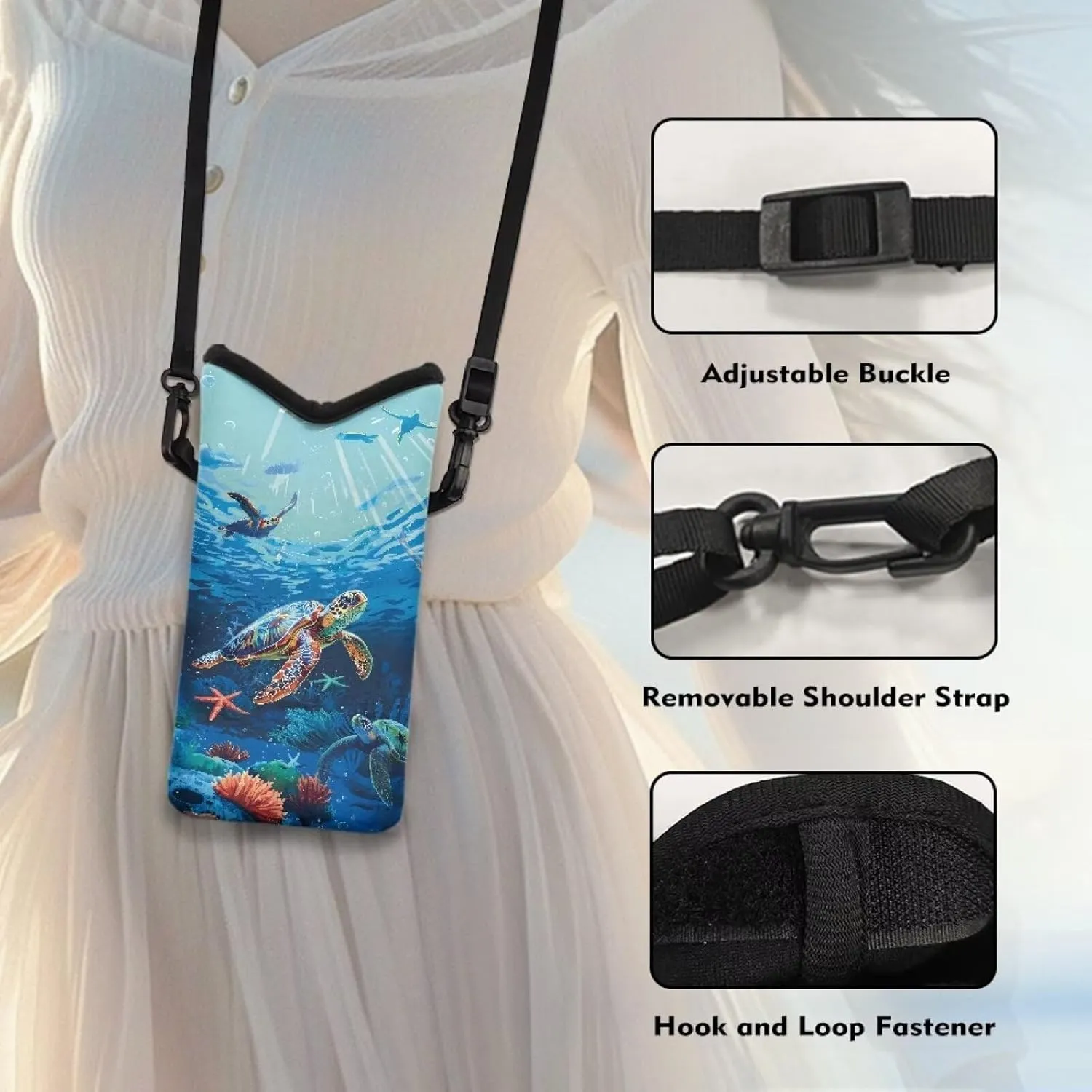 Suobstales Sea Turtle Print Cell Phone Case for Women Men Water Plants Design Travel Crossbody Cell Phone Purse Phone Case Bag Wallet Smartphone Shoulder Bag for iPhone Samsung