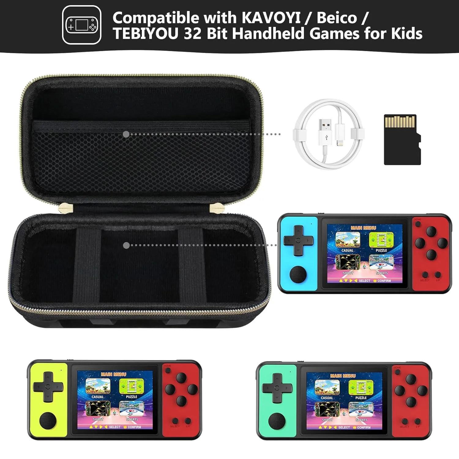 Supmay Carrying Case Compatible with KAVOYI / Beico / TEBIYOU 32 Bit Handheld Games for Kids, Portable Arcade Gaming Player Storage Holder Travel Bag with Mesh Pocket for Battery, USB Cable, Black